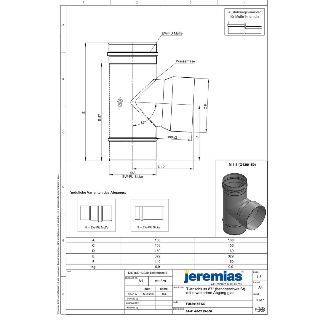 Jeremias Schornstein EW-FU T-Anschl. 87° erw. (WIG) Ø 80 mm auf Ø 100 mm, Ø 80100 mm