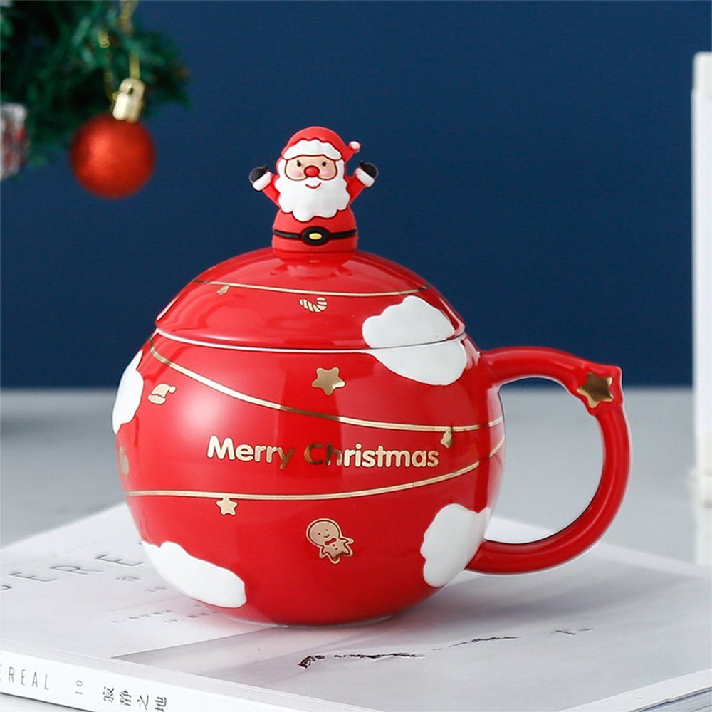 Rouemi Tasse Weihnachts-Keramikbecher, Kugelbecher mit Deckel und Löffelbecher Rot