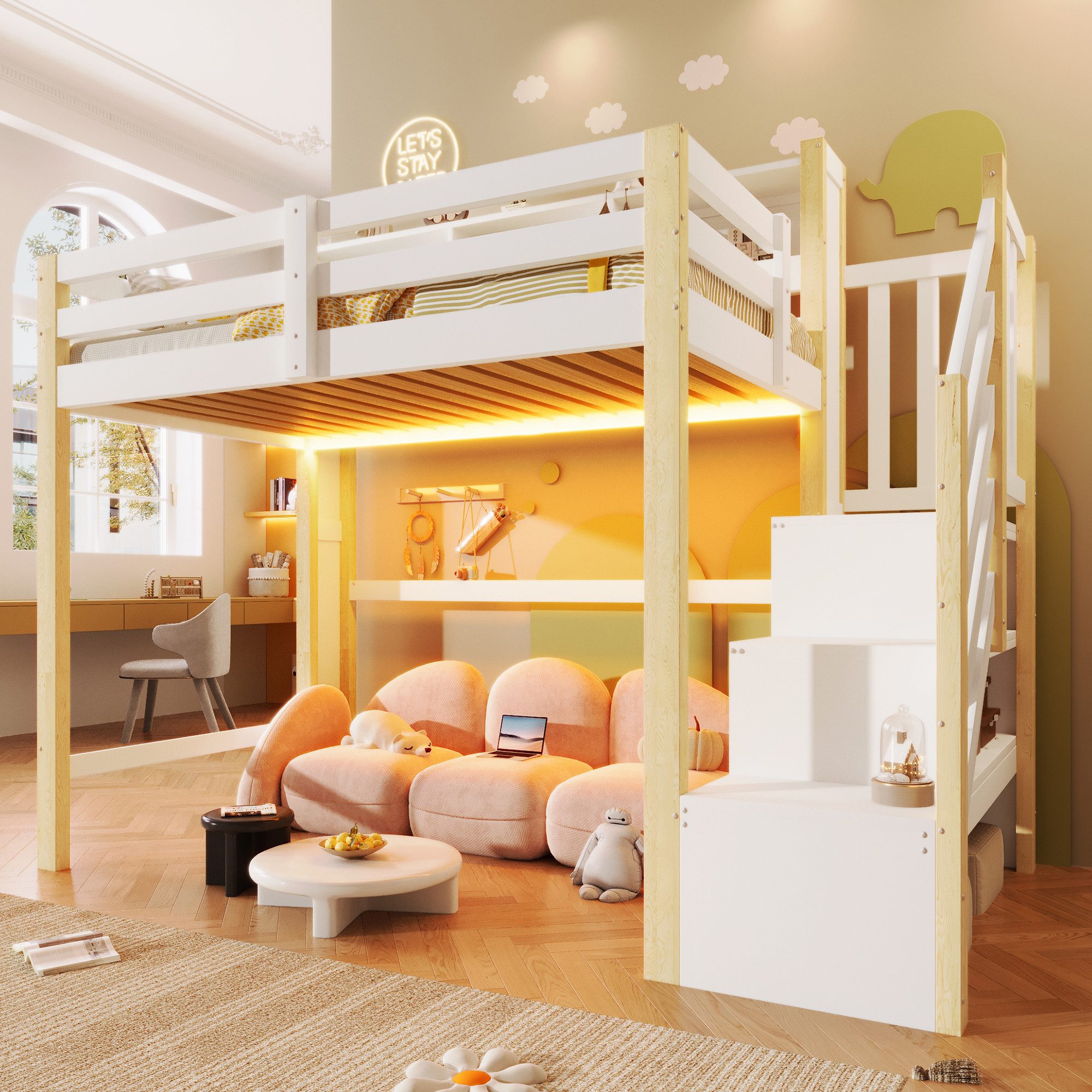 Flieks Hochbett Kinderbett 90x200cm mit LED-Beleuchtung und Stauraumtreppe