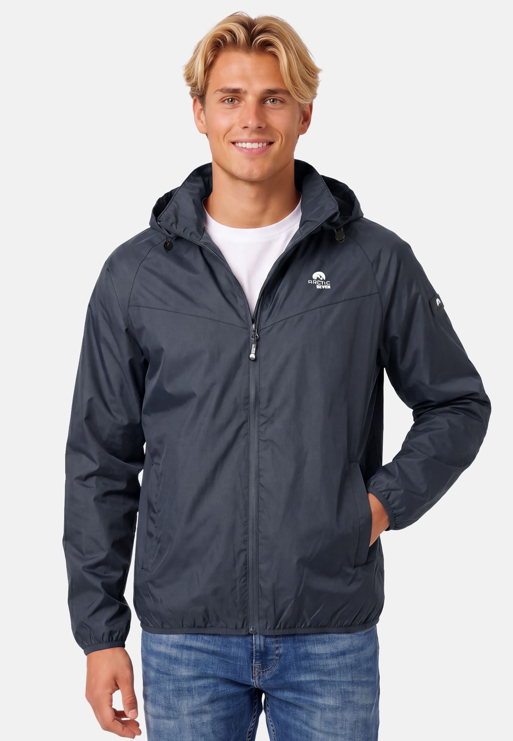 Arctic Seven Regenjacke Herren leicht mit Kapuze – Wasserabweisende Outdoorjacke mit hochstehendem Kragen