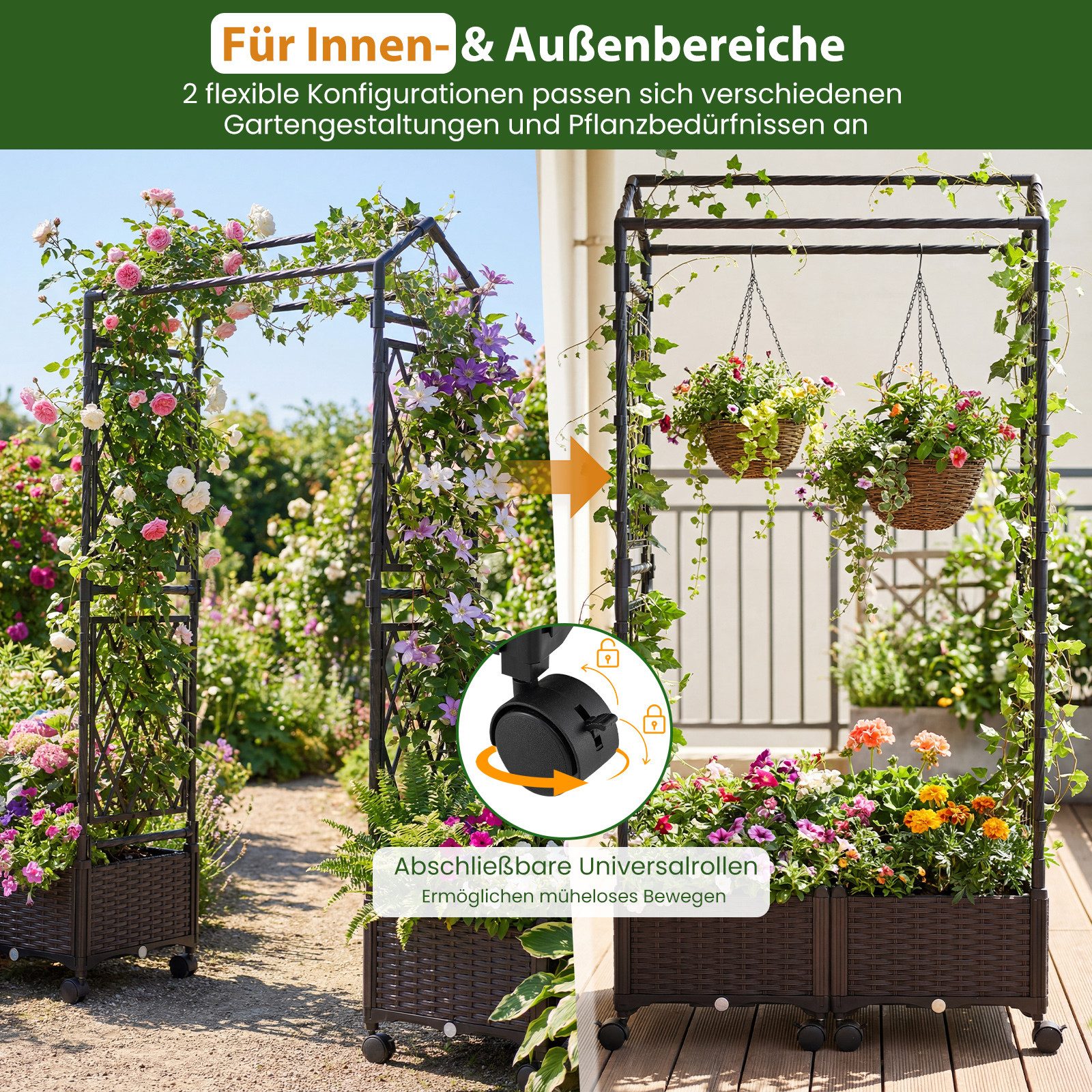 COSTWAY Blumenkasten (1 St), 2in1 Rosenbogen mit 2 Pflanzkästen, Gartenbogen auf Rollen