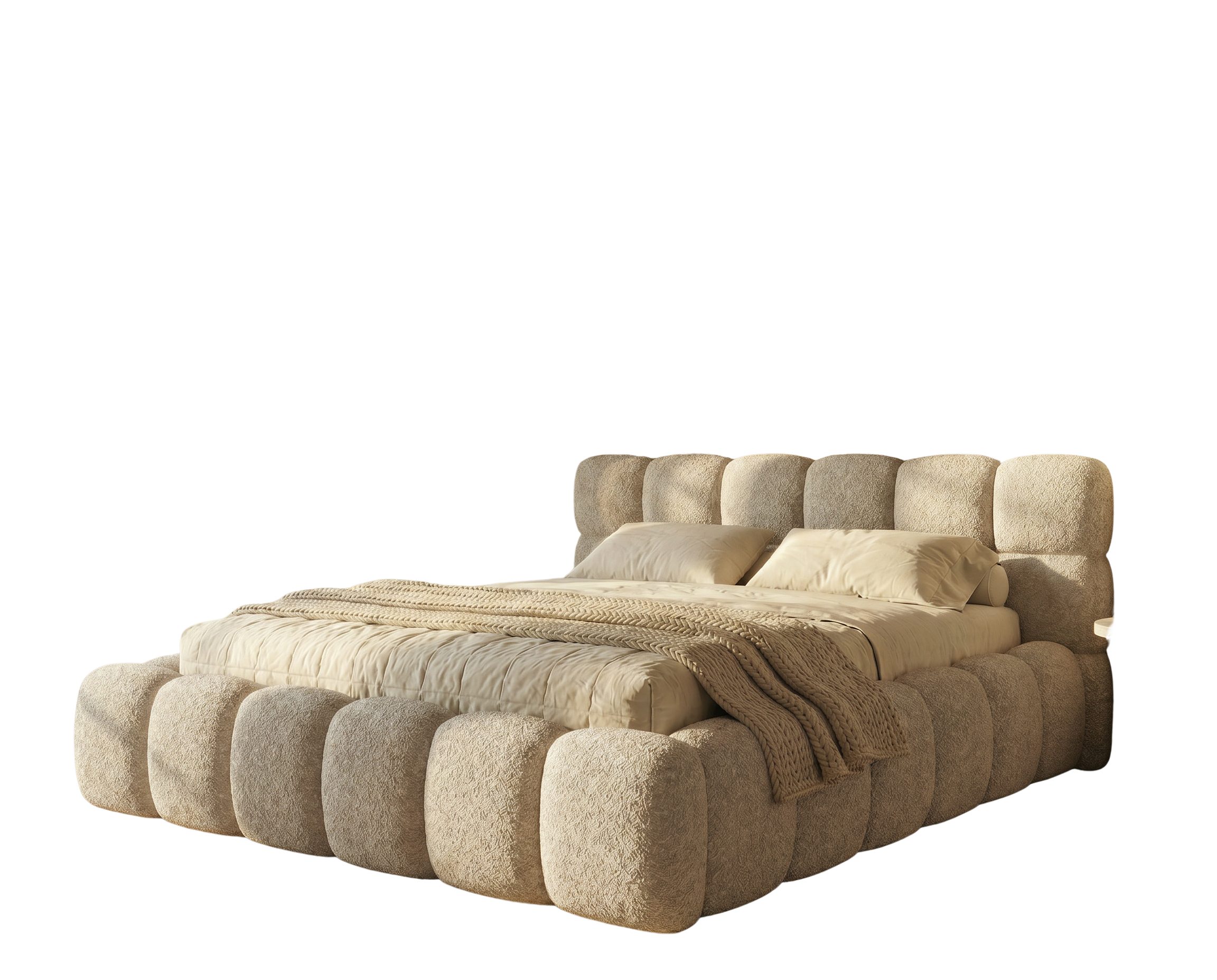 yourhouse24 Polsterbett Boston Slim Bouclé kompaktes Wolkenbett mit Bettkasten, Bubble-Optik & Japandi