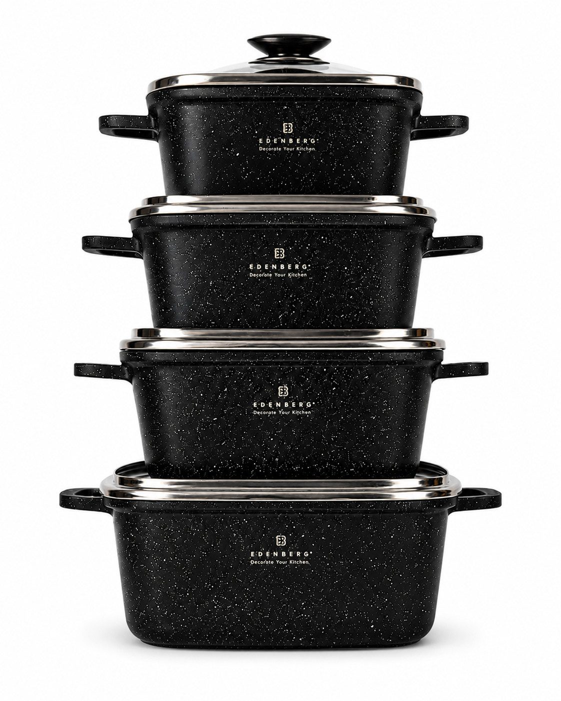 Edenberg Topf-Set 8 tlg. Schöne quadratische Töpfe zum Backen und Kochen in 4 Größen, Aluminium, Edelstahl, Aluminiumguss (Entscheiden Sie sich für dieses hochwertige Topfset und erleben Sie Kochen auf einem neuen Niveau, mit Komfort, Stil und hervorragen