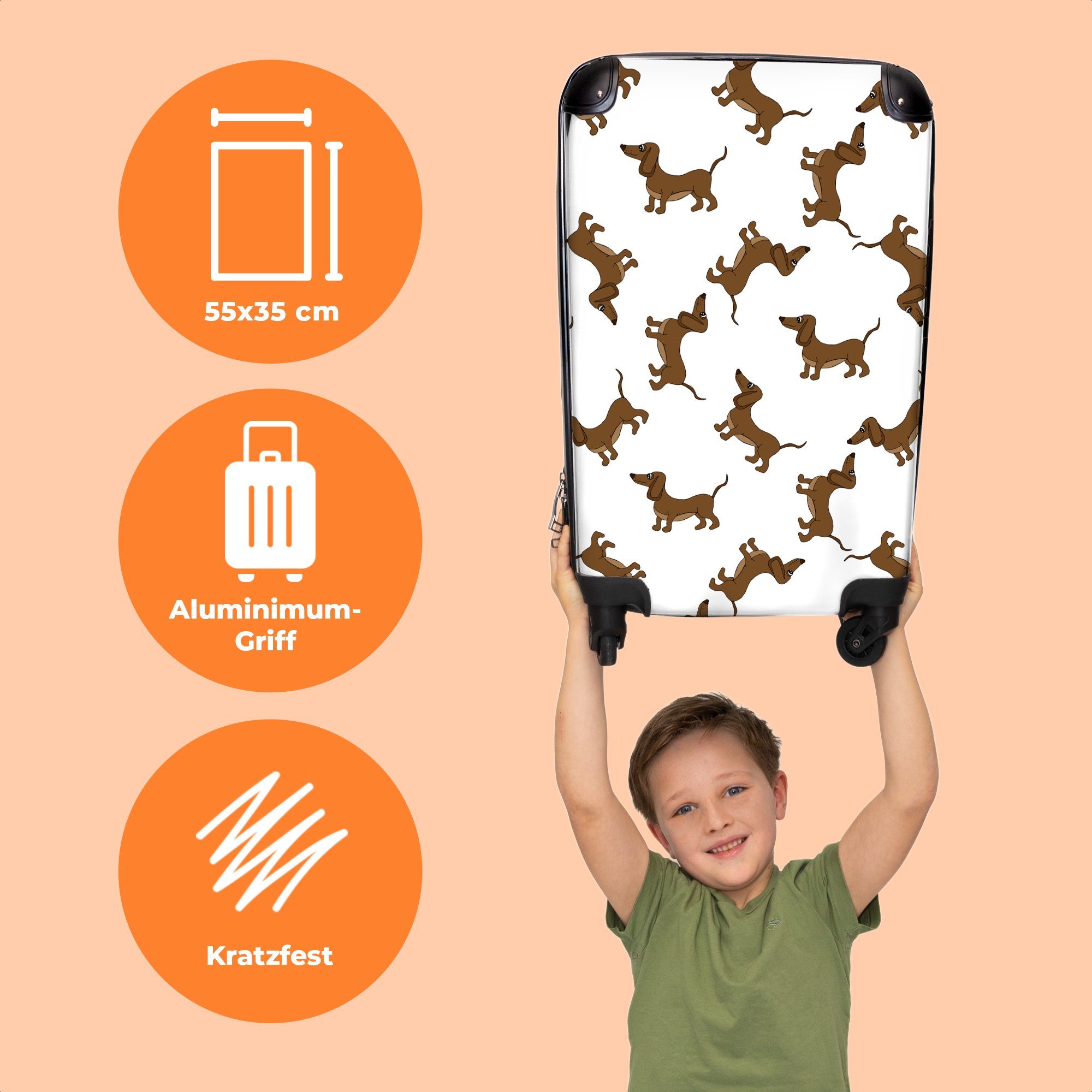 NoBoringSuitcases.com© Kinderkoffer 55x35x20cm Hund - Rollen, - rollen, Koffer Ferien, Handgepäck 4 Reisetasche - Kindertrolley, für mit Tiere, Muster Braun