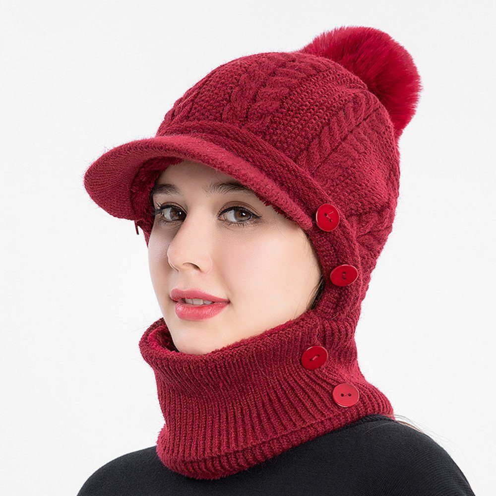 Damen red für Strickmützen mit Gesichtsschutz Strickmütze Wintermütze Schirm In Fleece XDeer Verstellbarer 3 Gefüttert 1 Damen