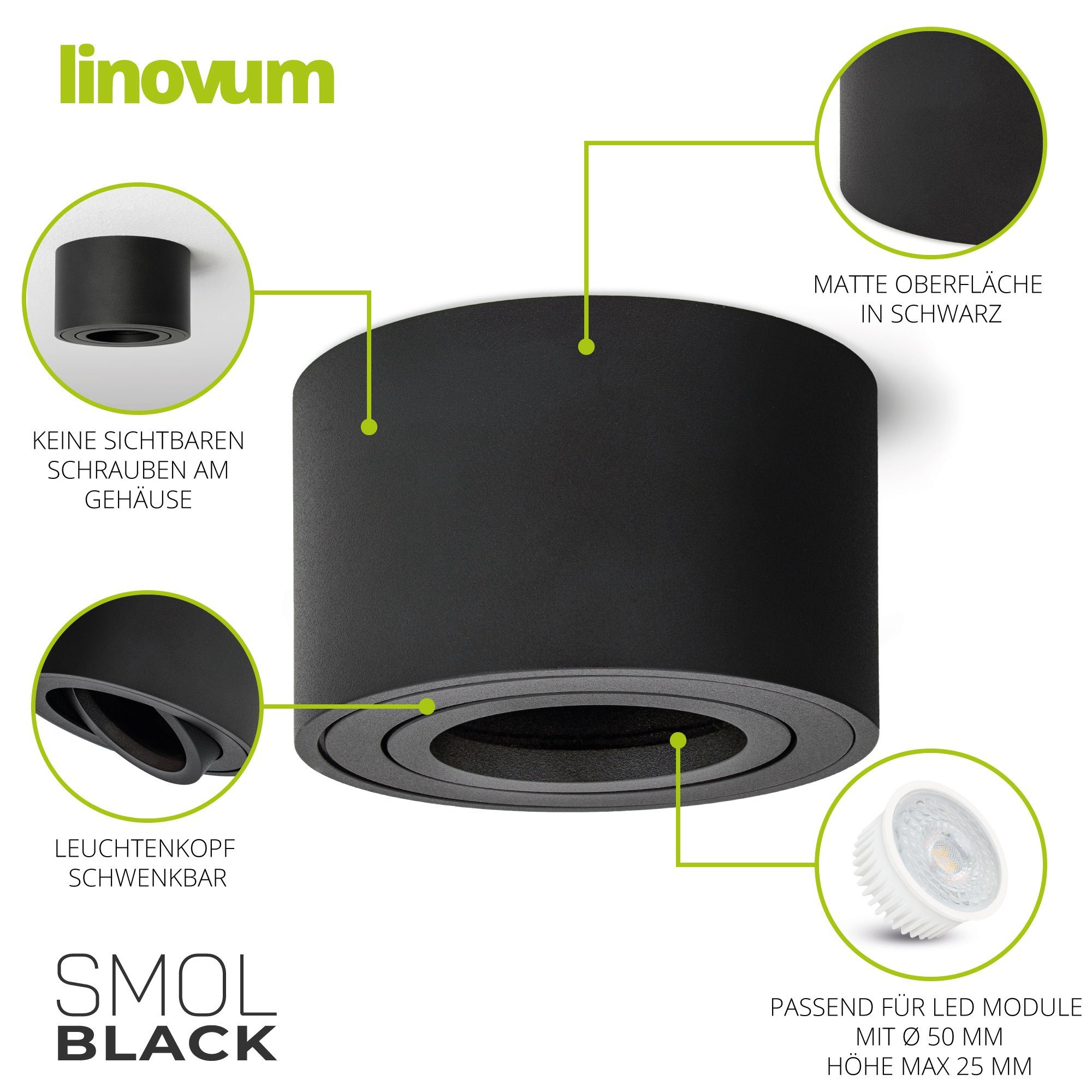 schwenkbar, schwarz nicht - LED SMOL Leuchtmittel inklusive, inklusive nicht Leuchtmittel Aufbaustrahler Aufbauleuchten Schwenkbare matt Aufbauspot linovum