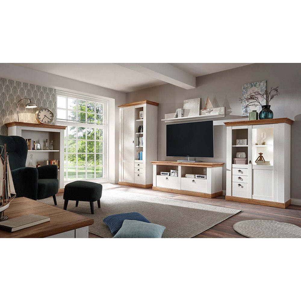 Lomadox Wohnzimmer-Set LINARES-61, (Mega-Spar-Set, 2-St., 2-tlg), Landhaus & Bücheregal Pinie weiß Wotan Eiche Nb., : 386/204/52 cm