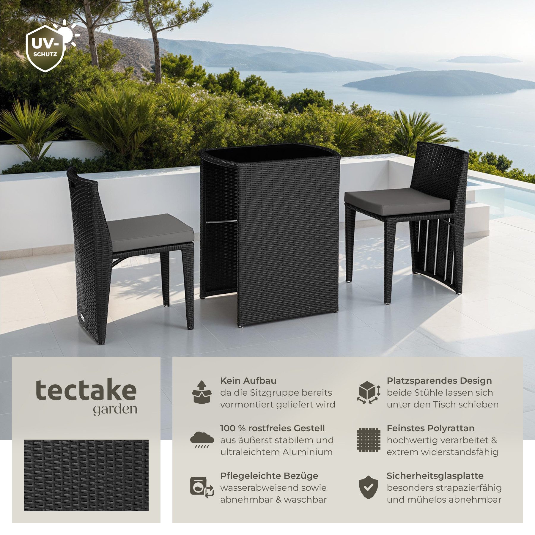 tectake Sitzgruppe Aluminium Rattanset mit Sicherheitsglasplatte, kein Aufbau, (Loungeset Hamburg, 3-tlg., für Außen in Schwarz), wetterfest und UV-beständig, zusammenschiebbar, pflegeleicht
