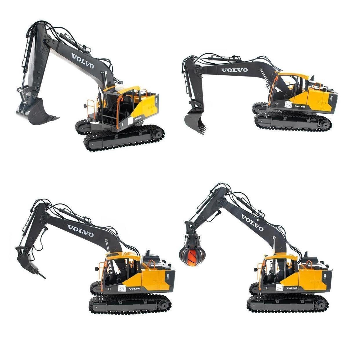 efaso RC-Bagger E568 VOLVO ferngesteuerter Bagger mit wechselbaren Werkzeug 1:16, + Ersatz-Akku 4,8V 700mAh