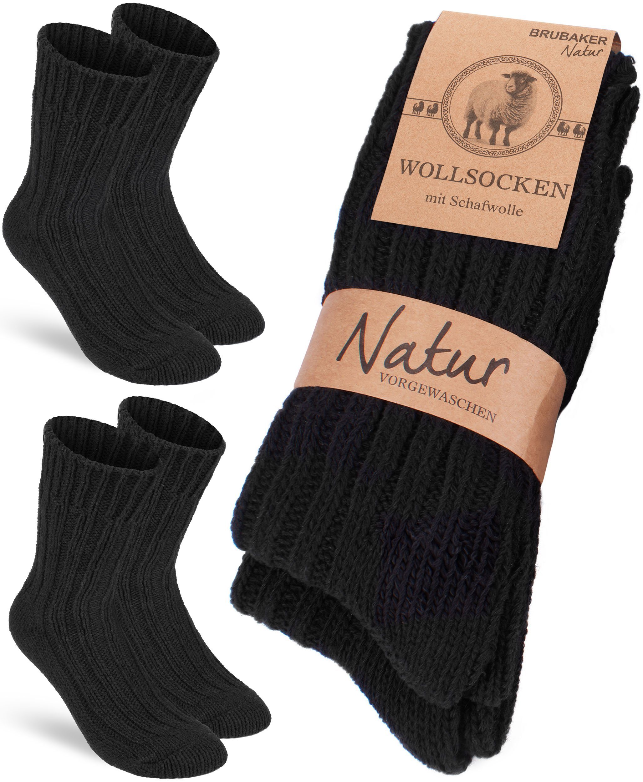 BRUBAKER Socken Wollsocken - Wintersocken für Damen und Herren - Warm und Flauschig (2-Paar) Stricksocken Set mit Schafwolle - Winter Thermosocken Schwarz