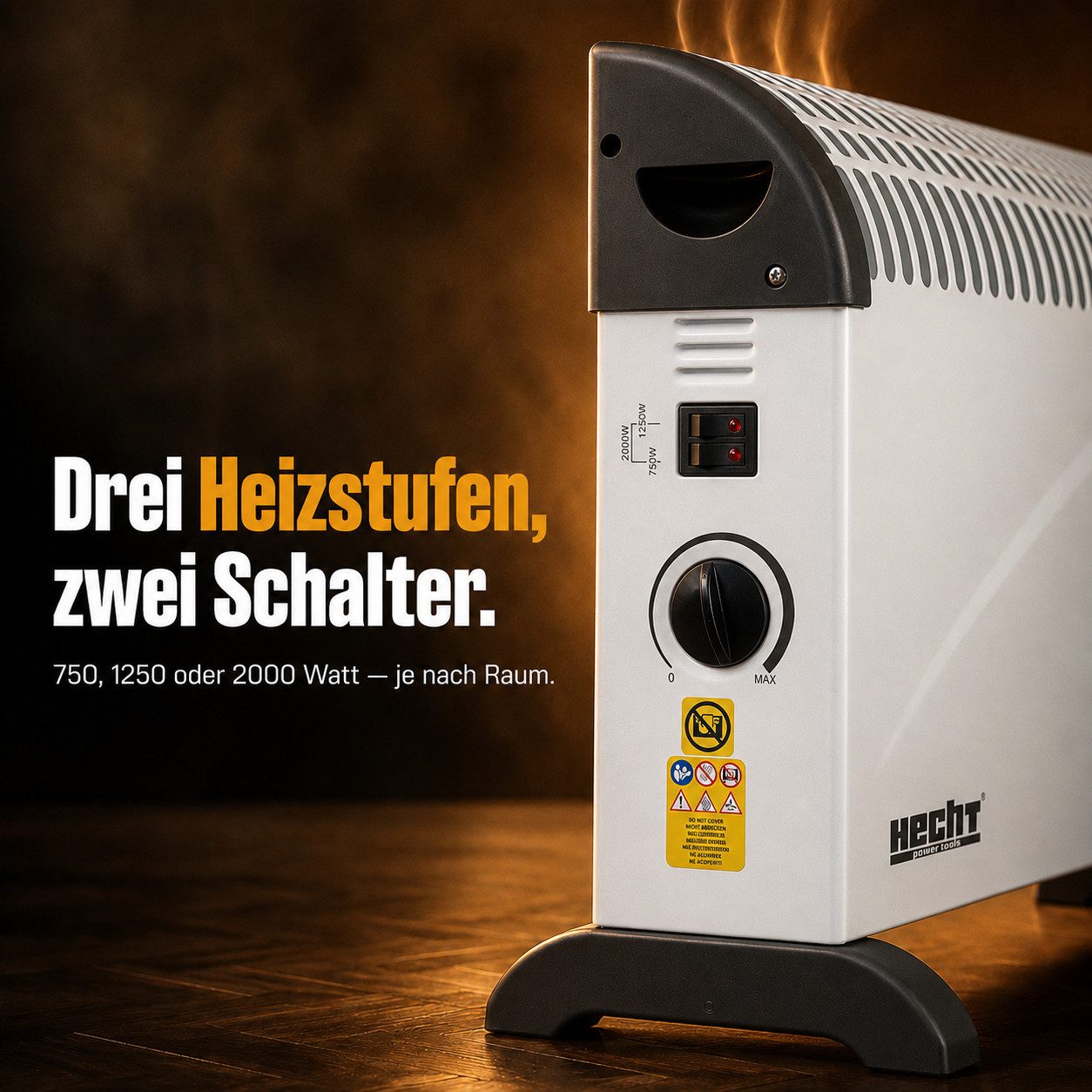 Hecht Konvektor Elektro Heizung 750-2000W 30m³ mit Standfüßen, stufenloses Thermostat, 2000 W, Tragegriff, 220-240V, 2,5kg, IP20, 3 Leistungsstufen – Bild 3 von 5