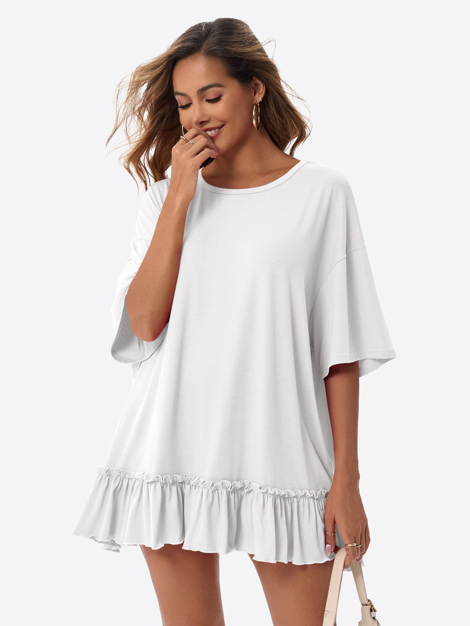 Imily Bela Shirtkleid Damen mit Rüschen Rundhals Oversize Sommer Strand Tunika (Packung, 1-tlg., 1per-Pack) mit Rundhalsausschnitt in Unifarbe – Bild 4 von 5