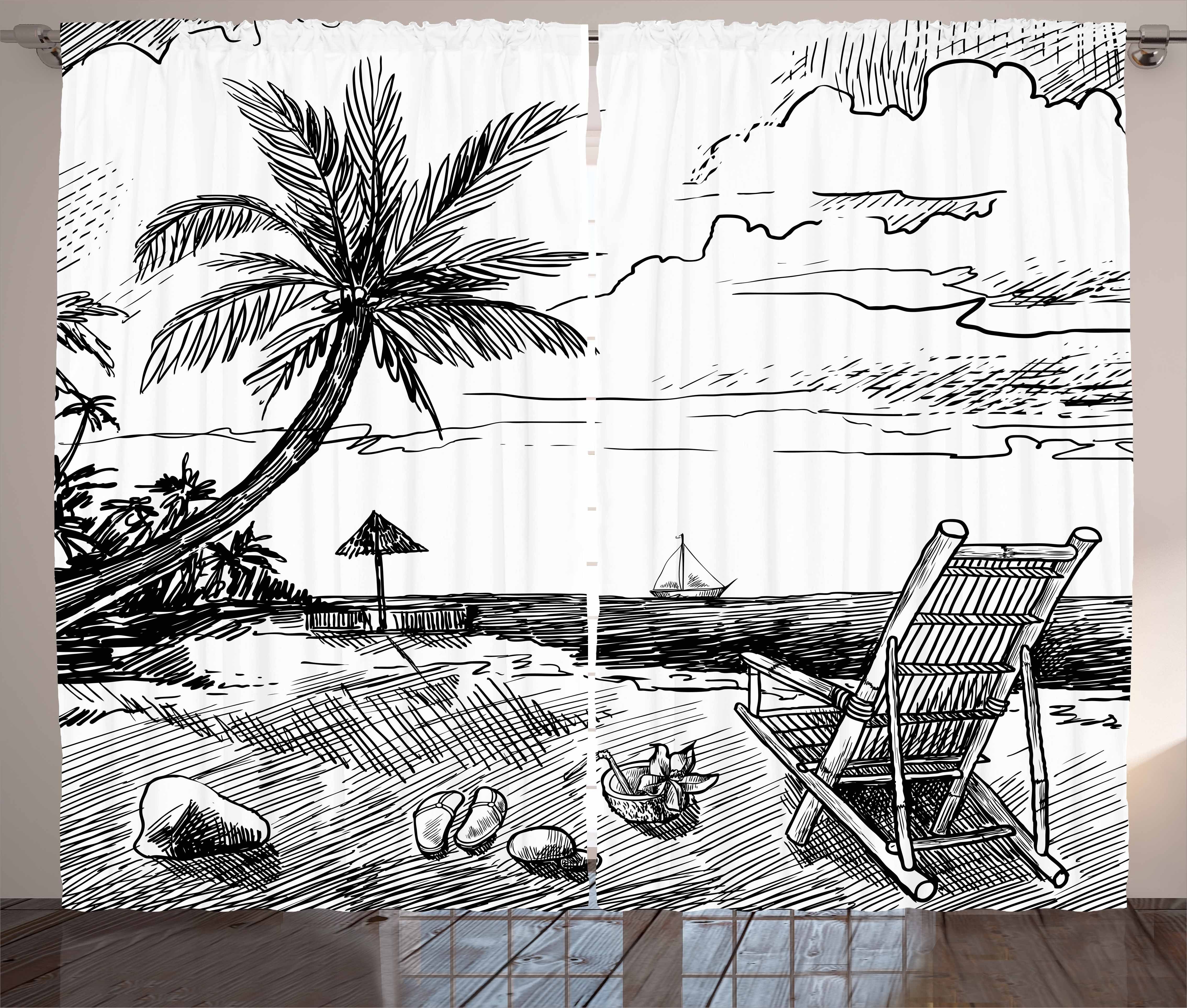 Gardine Schlafzimmer Kräuselband Vorhang mit Schlaufen und Haken, Abakuhaus, Sommer Strand-Skizze mit Stuhl Baum