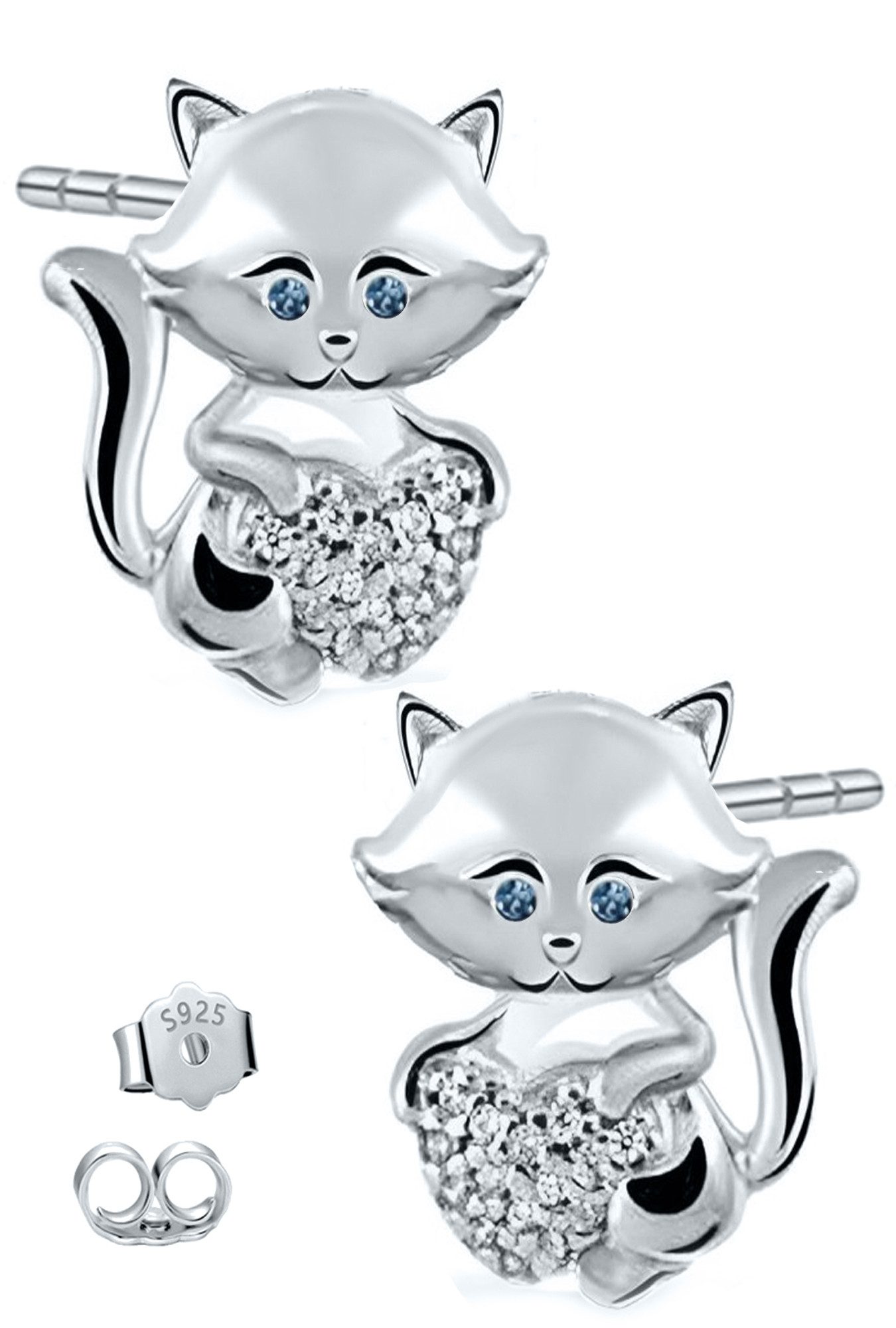 Paar Ohrstecker Ohrringe echt 925 Silber Katze Herz Schmuck für Mädchen Damen Kinder