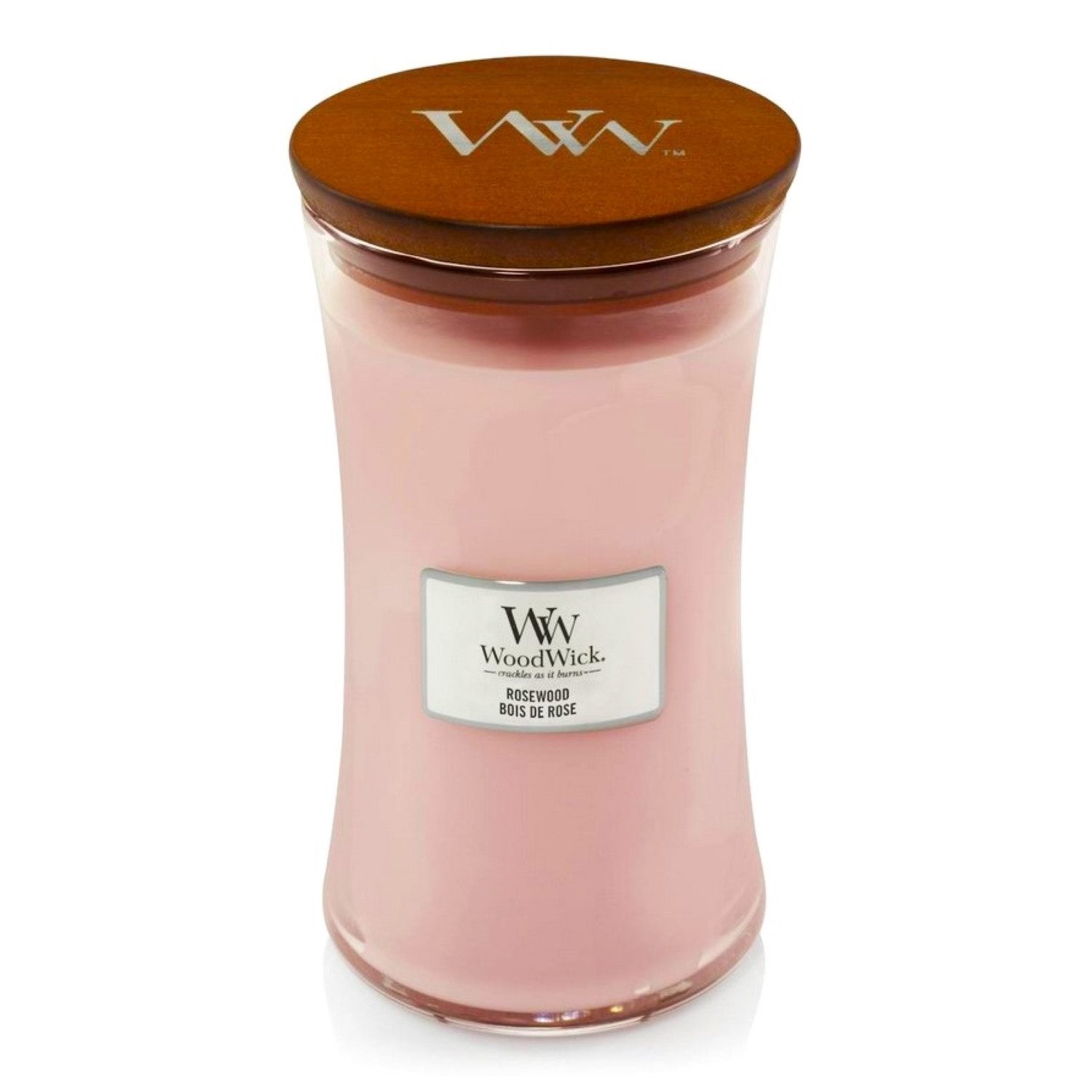 Woodwick Duftkerze Rosewood im großen Sanduhr Glas mit Holzdocht, 610g Large, Bis zu 120 Stunden Brenndauer