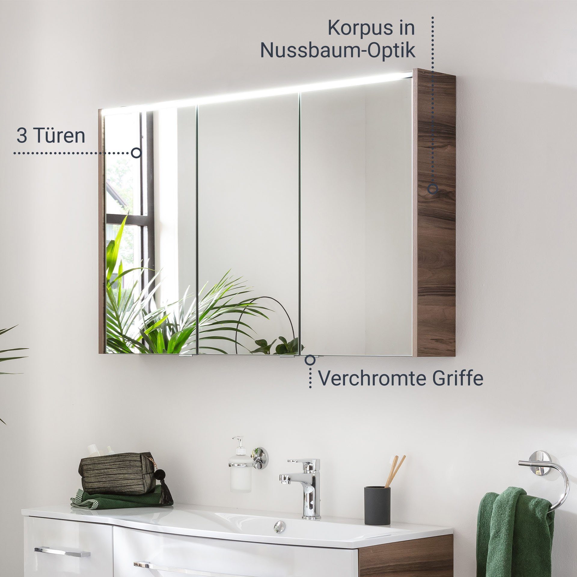 FACKELMANN vormontiert, Badezimmerspiegelschrank Braun Verona LED-Spiegelschrank hängend –