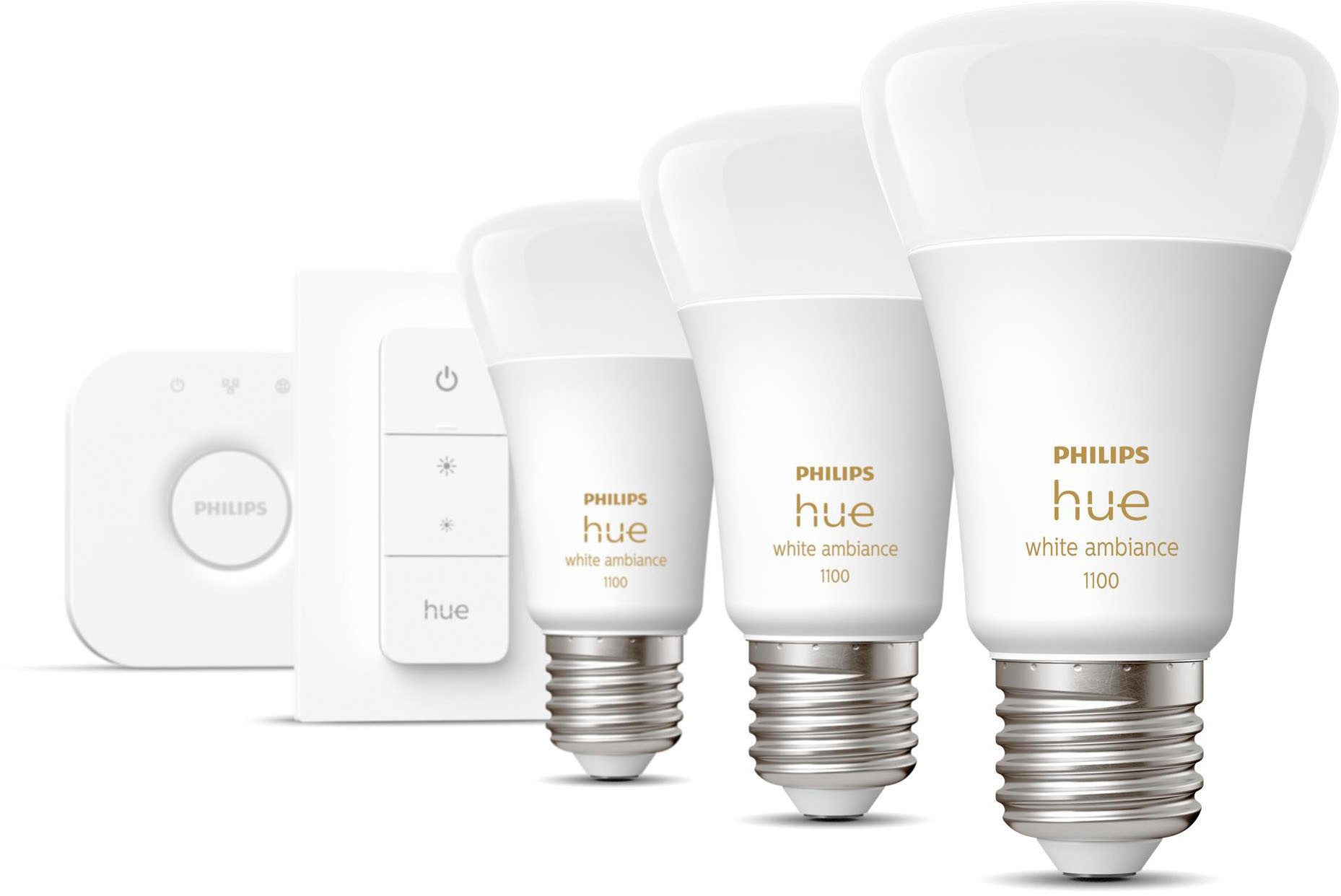 Philips Hue LED-Leuchtmittel White Ambiance 3er Starter Set inkl. Bridge + DimmerSwitch 800lm, E27, 5 St., Farbwechsler