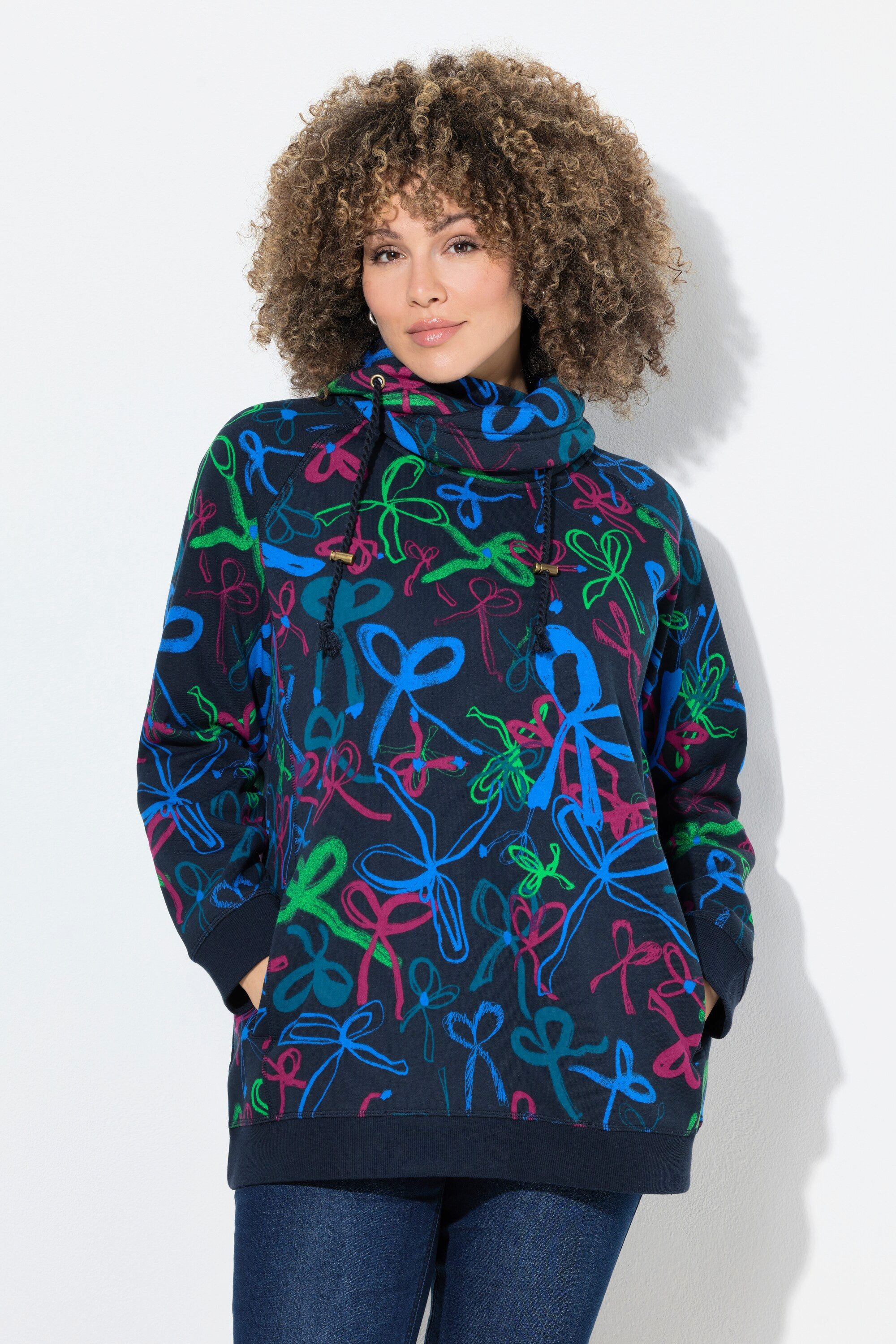Ulla Popken Sweatshirt Sweatshirt Scribble-Muster Stehkragen günstig online kaufen