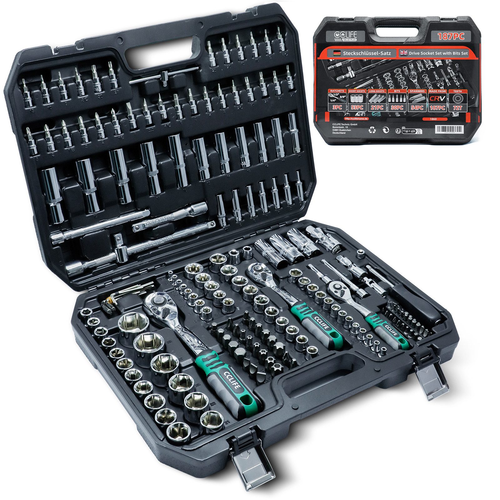 CCLIFE Steckschlüssel Steckschlüsselsatz Ratschenkasten Werkzeugkoffer Knarrenkasten Koffer (187 St)