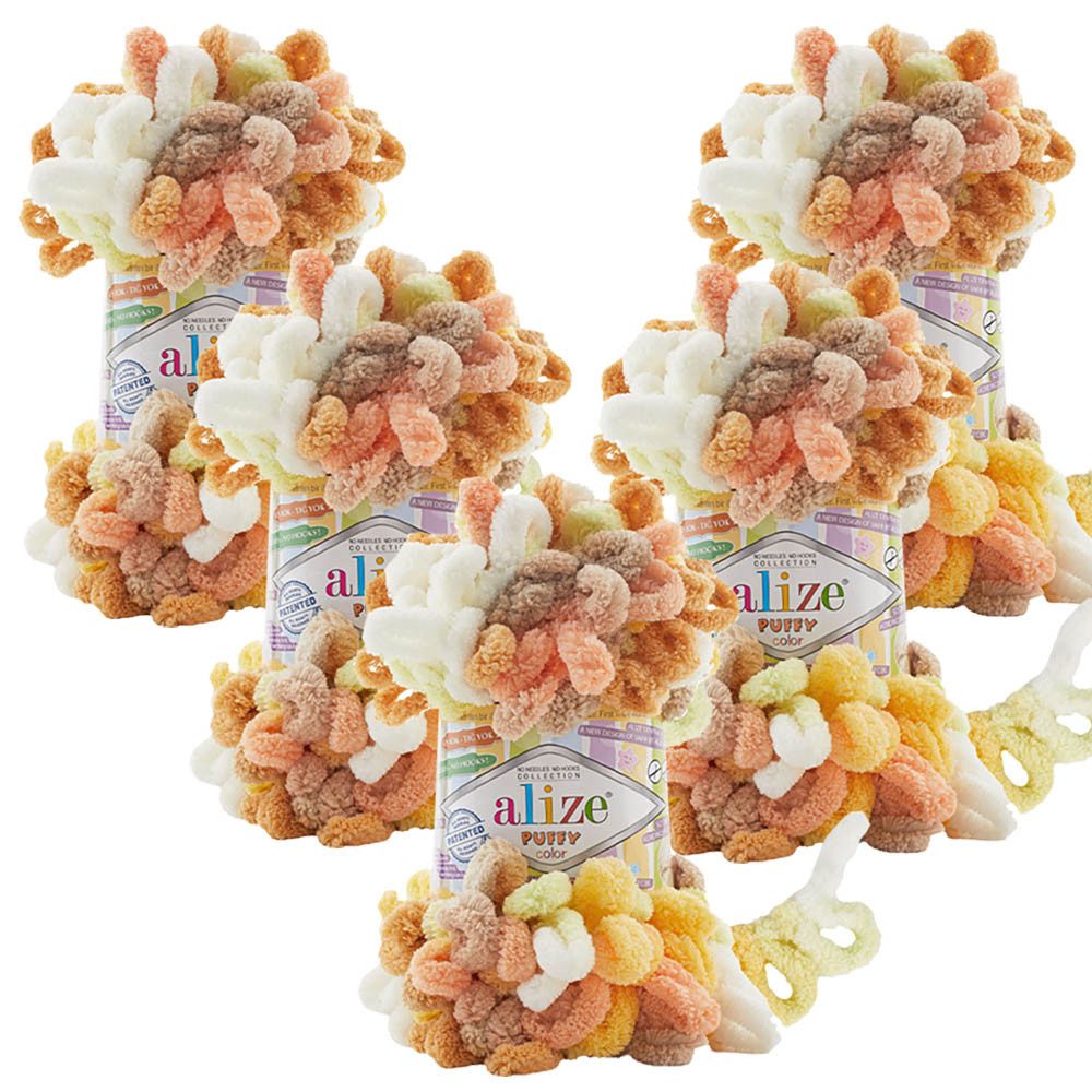 Alize 5 x ALIZE Puffy Color Häkelwolle, 9,2 m, Fingerstrick, mehrfarbige Schlaufenwolle,super bulky,Baby Deckengarn