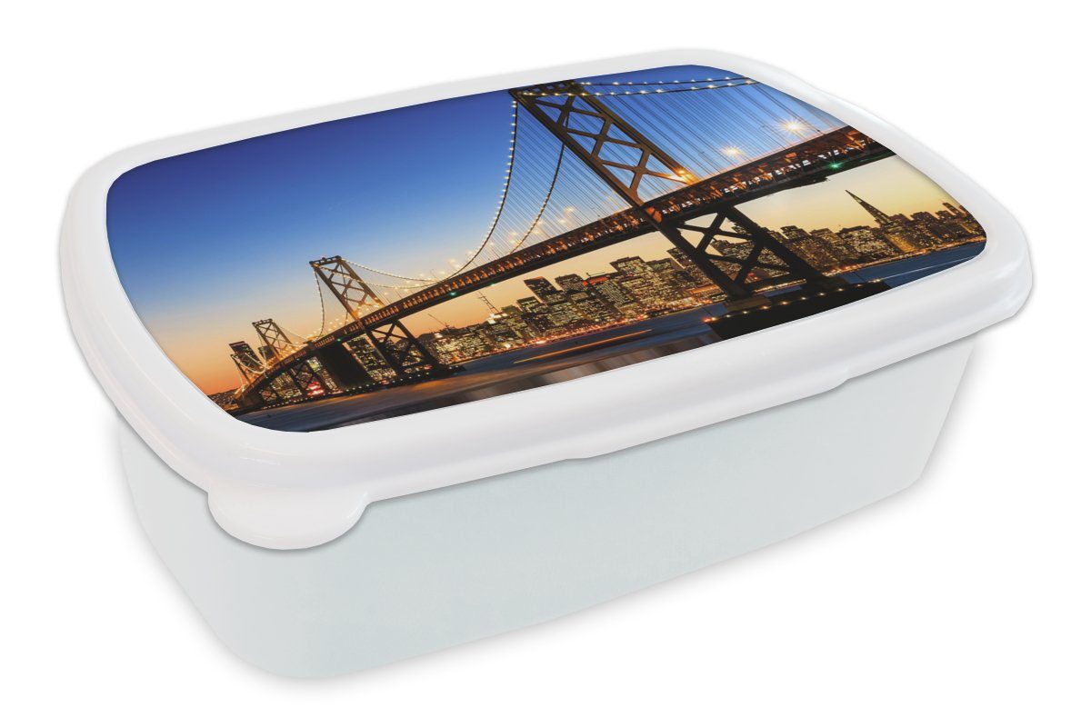 MuchoWow Lunchbox Brücke - San Francisco - Skyline, Kunststoff, (2-tlg), Brotbox für Kinder und Erwachsene, Brotdose, für Jungs und Mädchen weiß