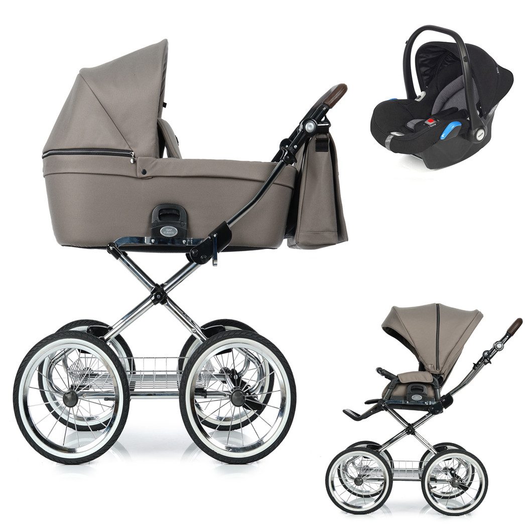 Kombi-Kinderwagen Coss Classic 3 in 1 mit Sportsitz, Autositz und Zubehör in 4 Farben