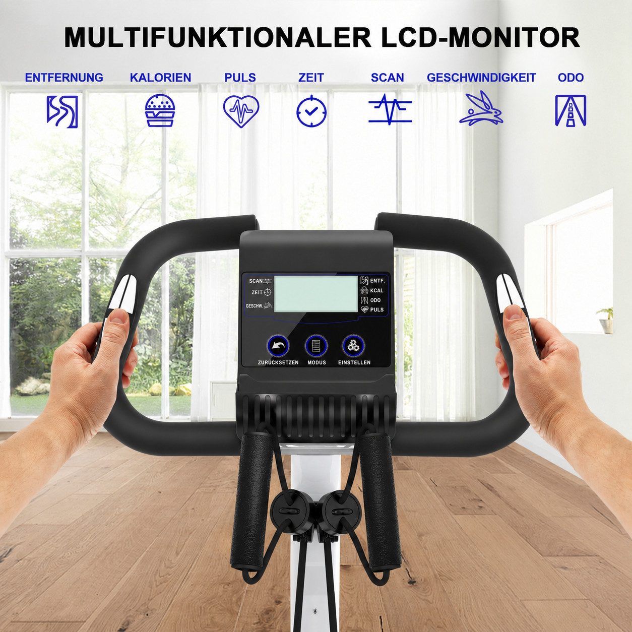 Hamlody Heimtrainer Fahrrad Klappbar, Indoor Bike mit LCD-Display Magnetwiderstand (LCD-Monitor und Ganzkorpertraining, Fahrrad klappbar fur Zuhause, bis 150 kg), 16 Widerstandsstufen, LCD-Display und Armwiderstandsbändern