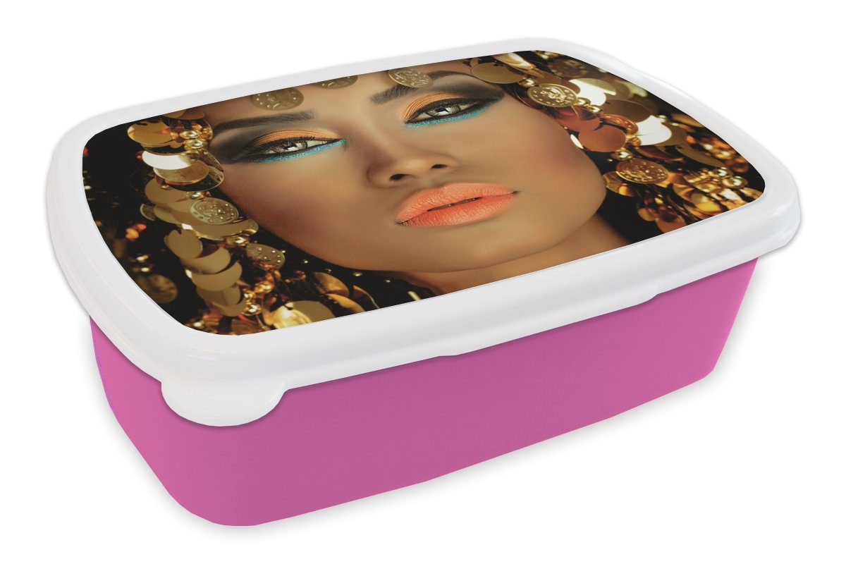 MuchoWow Lunchbox Frau - Kleopatra - Gold - Schmuck - Make-up - Luxus, Kunststoff, (2-tlg), Brotbox für Erwachsene, Brotdose Kinder, Snackbox, Mädchen, Kunststoff rosa