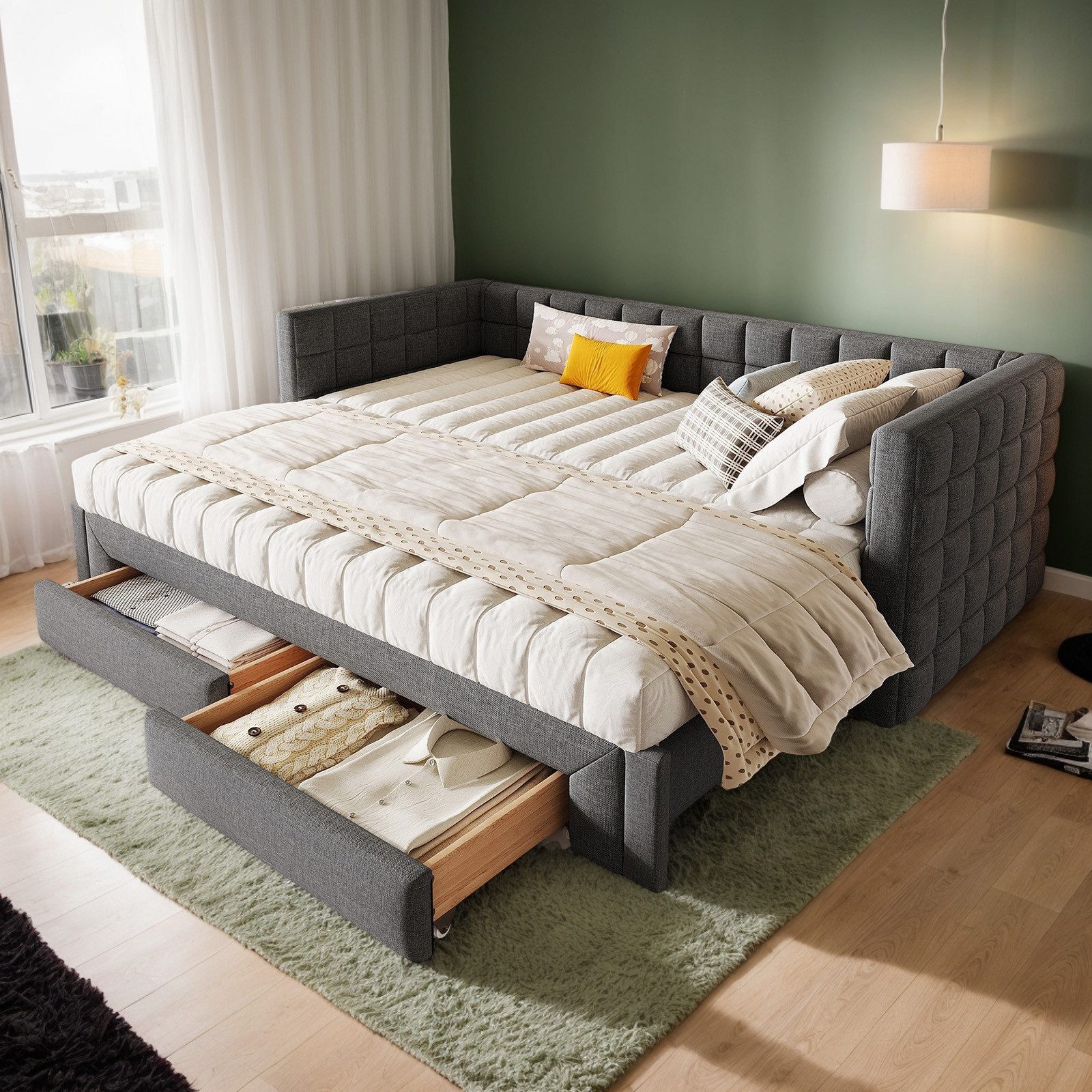 REDOM Daybett mit Stauraum & ausziehbarem Design (Polsterbett Funktionsbett), ohne Matratze