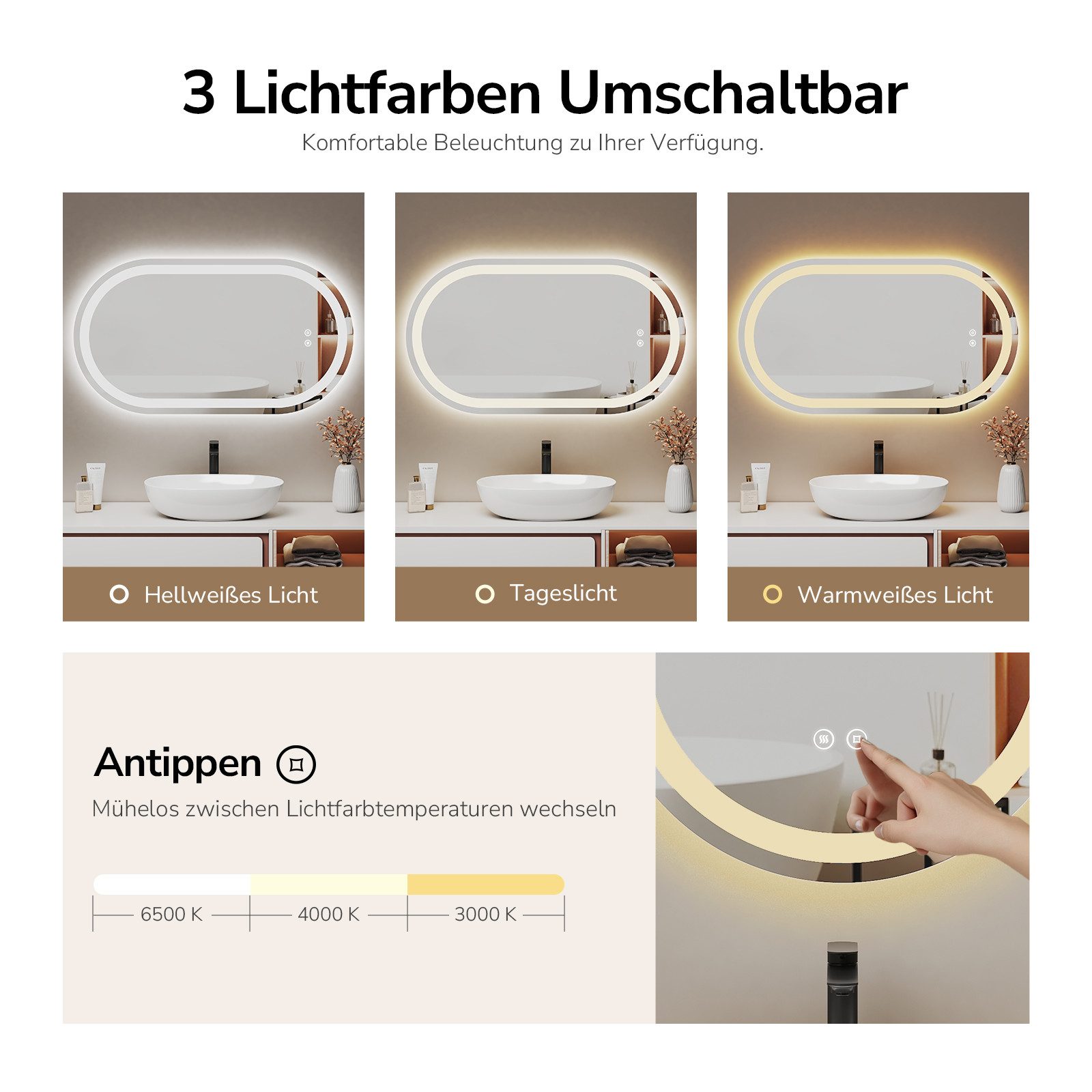 EMKE Badspiegel mit Touch 3 Lichtfarben Dimmbar Antibeschlag (50X90 CM, Horizontal/Vertikal möglich), 3 Lichtfarben (3000K/4000K/6500K), Dimmbar, Antibeschlag,  – Bild 5 von 5