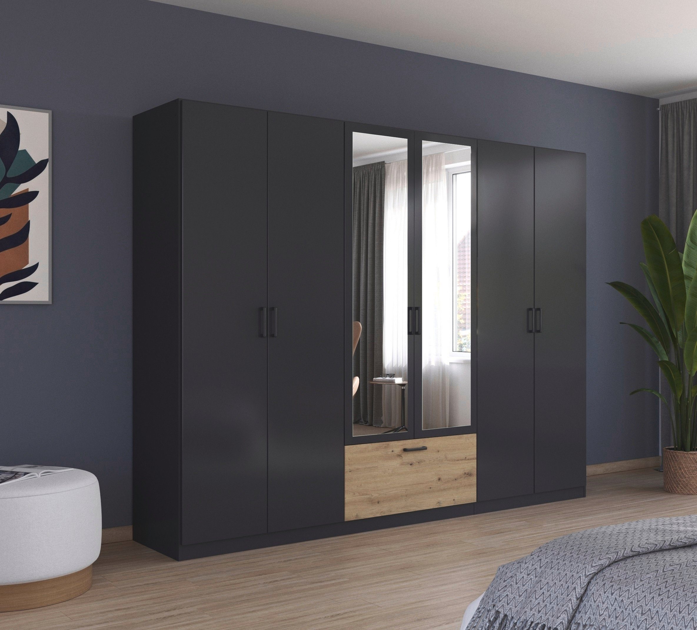 rauch Drehtürenschrank Kleiderschrank Schrank Garderobe Wäscheschrank BARI mit Spiegel mit Schubasten mittig, moderner Griff in Graumetallic MADE IN GERMANY – Bild 2 von 5