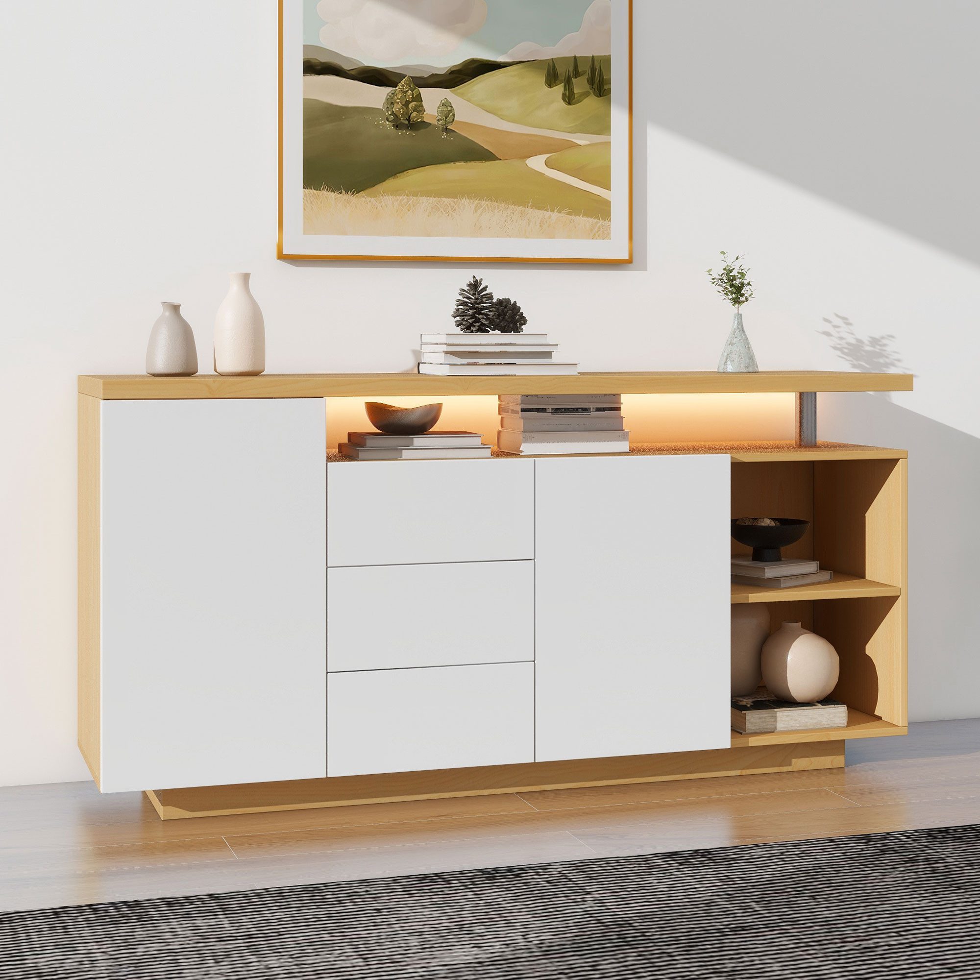 MODFU Sideboard Weiß mit Holzimitat (Kommode, günstig online kaufen