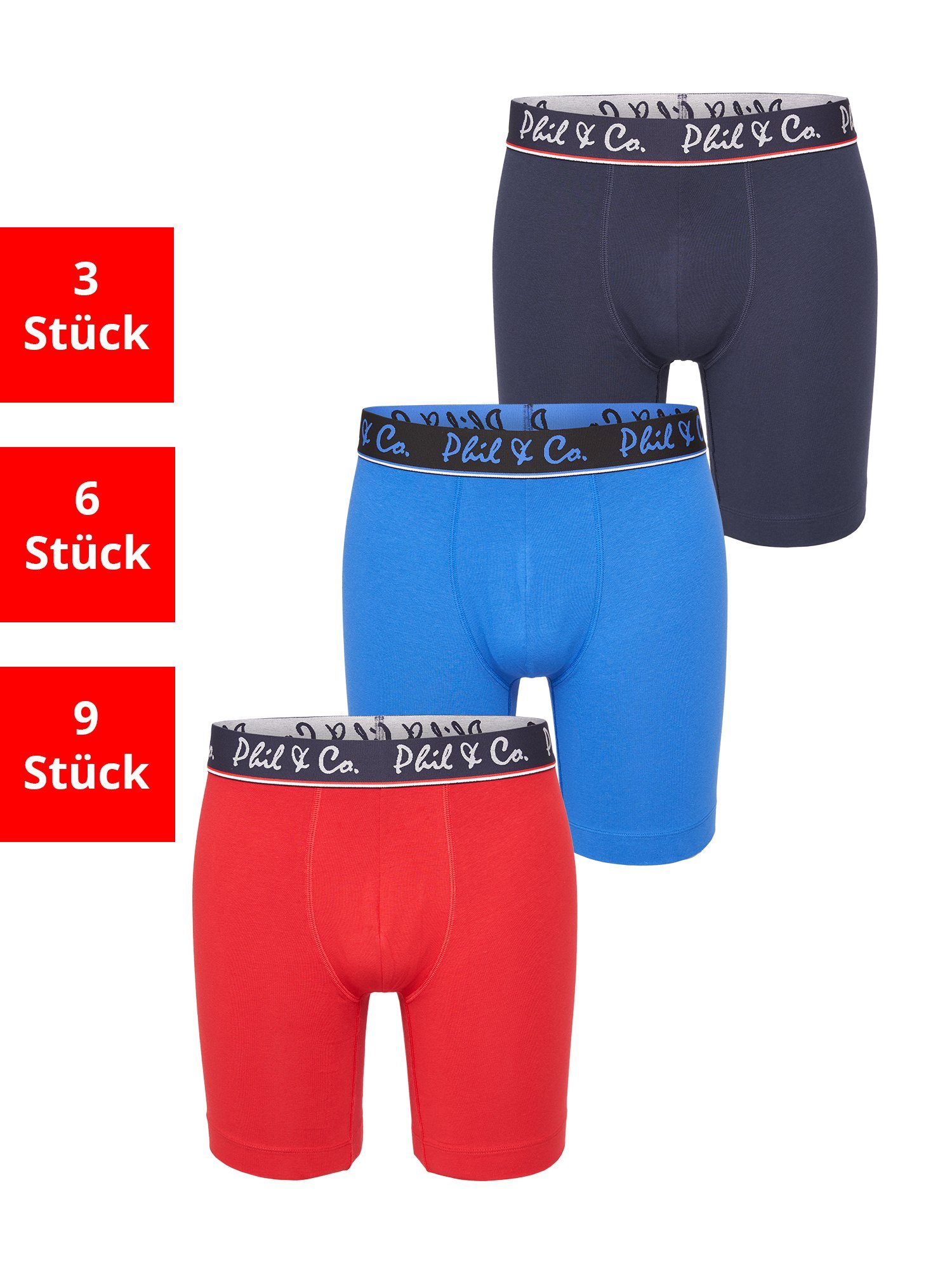 Phil & Co. Langer Boxer Jersey Long Boxer (3-St) Boxer-Brief Retro-Shorts Unterhose navy red blue