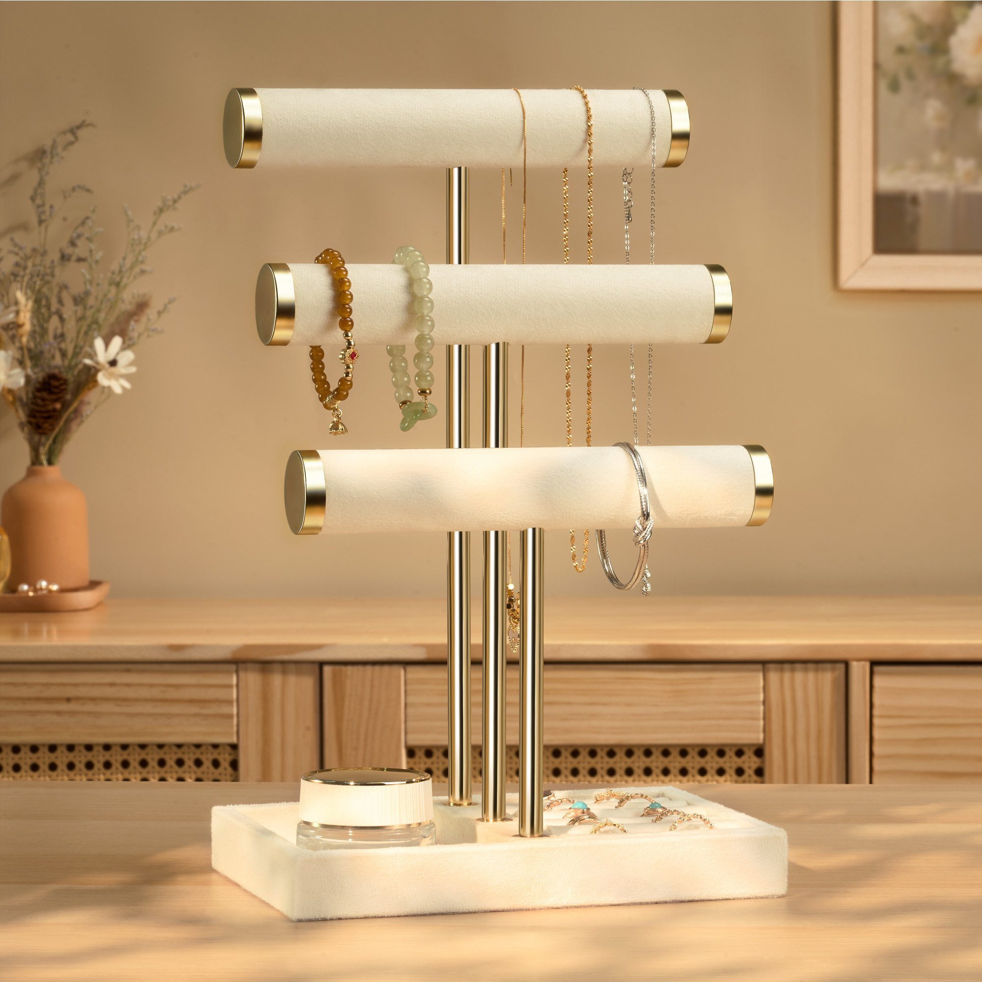 niffgaff Schmuck Etagere Schmuck-Organizer mit 3 Ebenen für Armbänder, Ketten & Ringe, Schmuckständer aus Samt mit abnehmbarem T-Träger