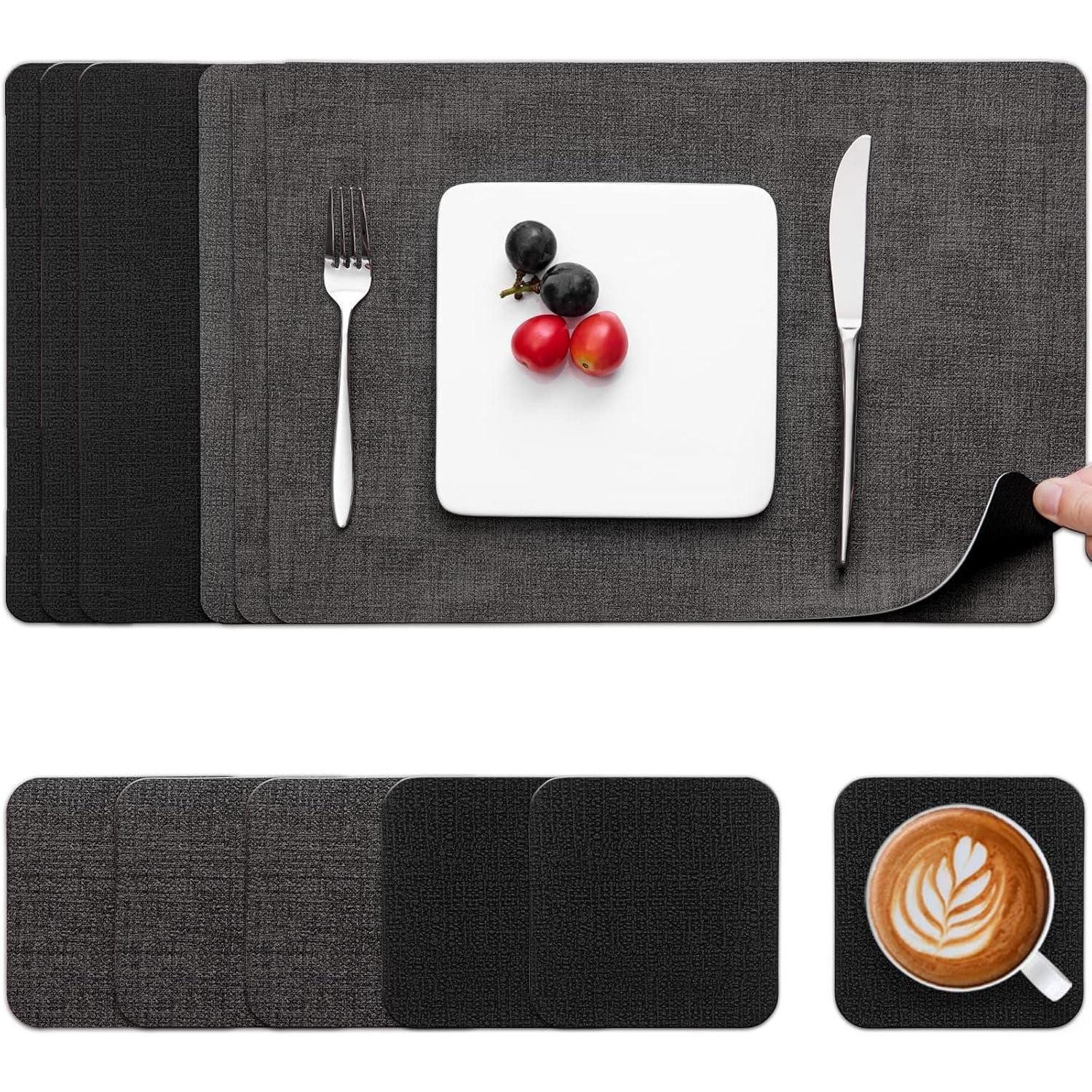 LuxusKollektion Platzset Tischset Abwaschbar Leder Rutschfest Untersetzer Grau Schwarz 6er Set