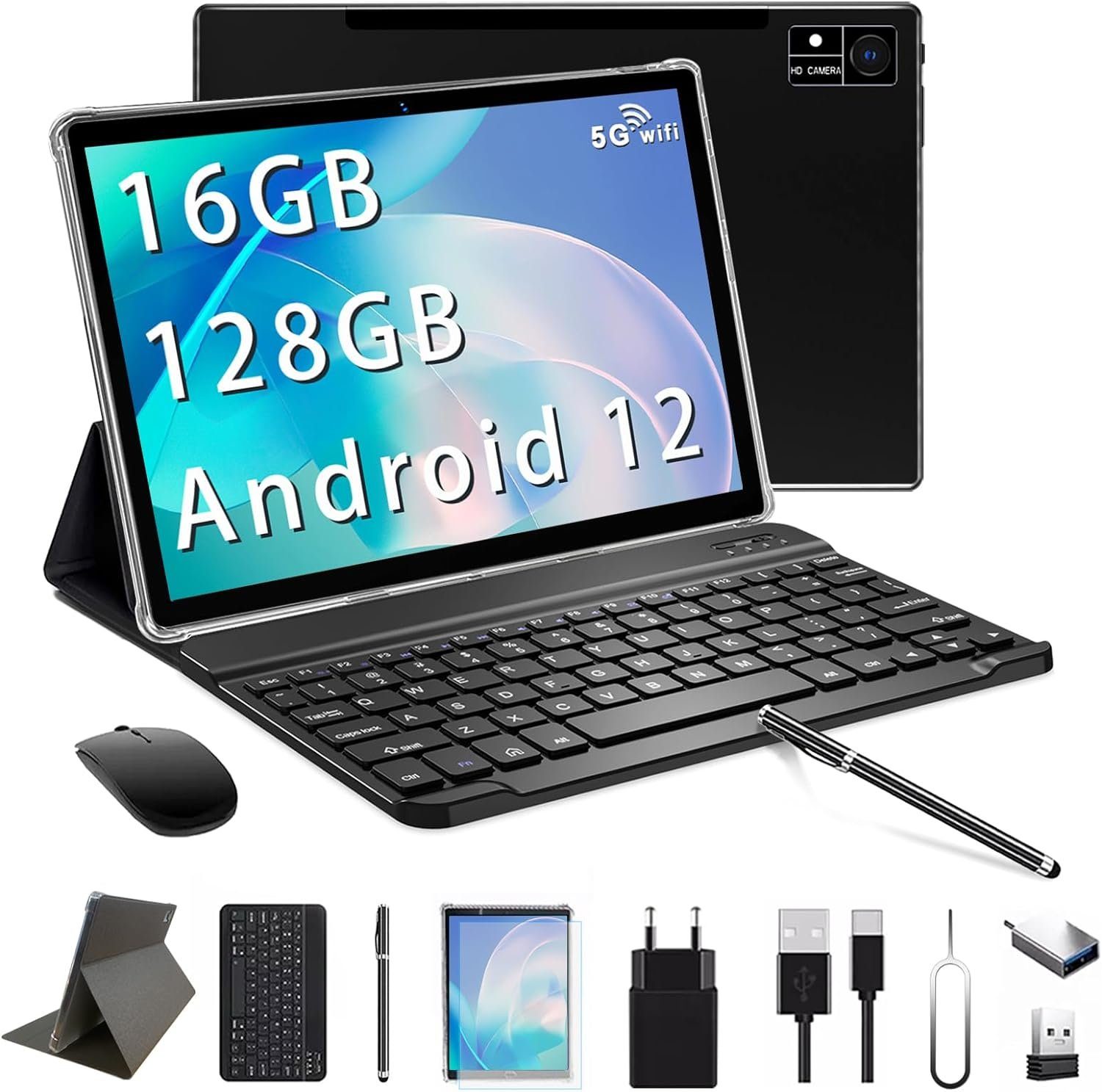 ZONKO D115 Tablet (10", 128 GB, Androoid 12, 2,4G+5G, Tablet 10 Zoll (1TB TF)5G WiFi 2 in 1 mit Tastatur Stift 7000mAh 1080P)