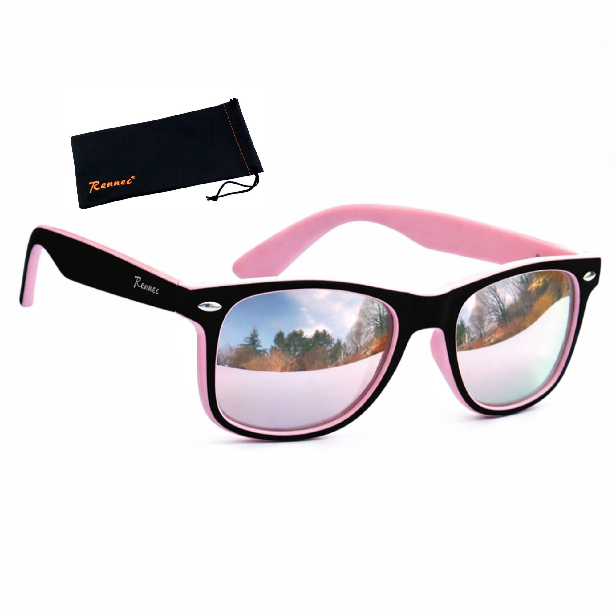 Rennec Sonnenbrille (Retro Sonnenbrille Damen Schwarz Rosa Zweifarbig mit Brillenbeutel) Retro Brille Bi Color Festivalbrille Gläser Rosa Verspiegelt