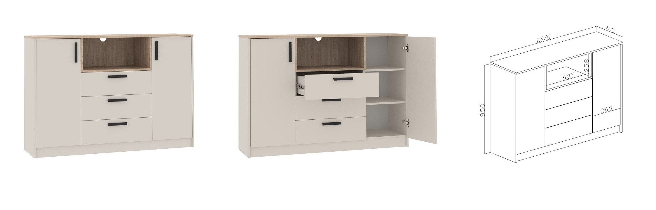 Marmex Möbel Mehrzweckschrank-Set Grant Set 38 C, (3-St., Regal, Eckschrank, Kommode), Soft-Close-Scharniere, Vollauszug der Schubladen