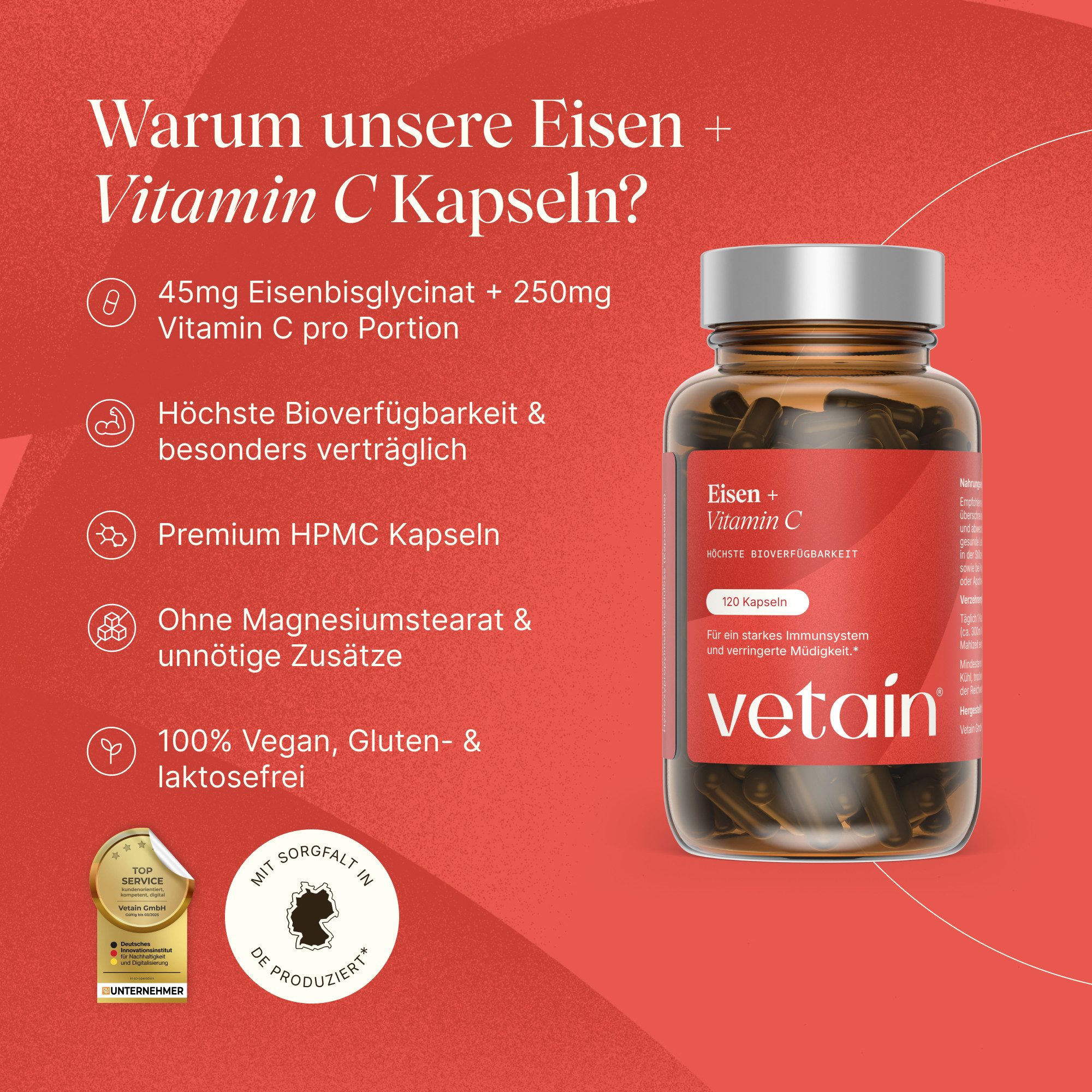 VETAIN Eisen 45mg + 250mg Vitamin C – hochdosiert, vegan - 120 Kapseln