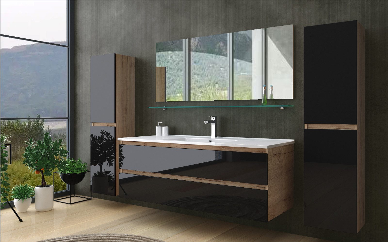 Homeline Badmöbel-Set Bad Möbel Set, Hochglanz, Eiche schwarz und weiß Soft Close, (Set Angebot, 6-St., Spar set)