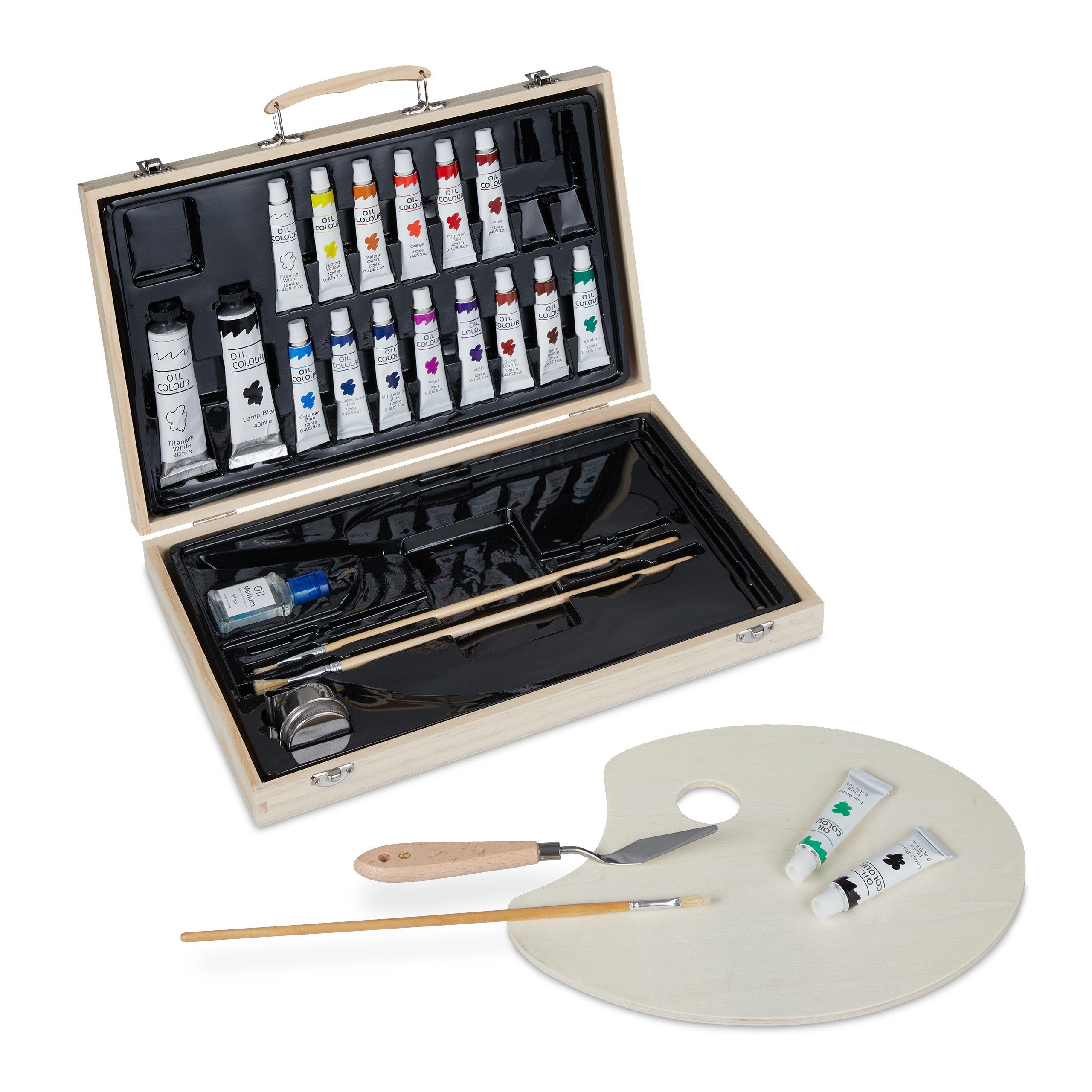 relaxdays Zeichenkasten Holz Malkoffer mit Ölfarben (Malkoffer-Set, 26 St)