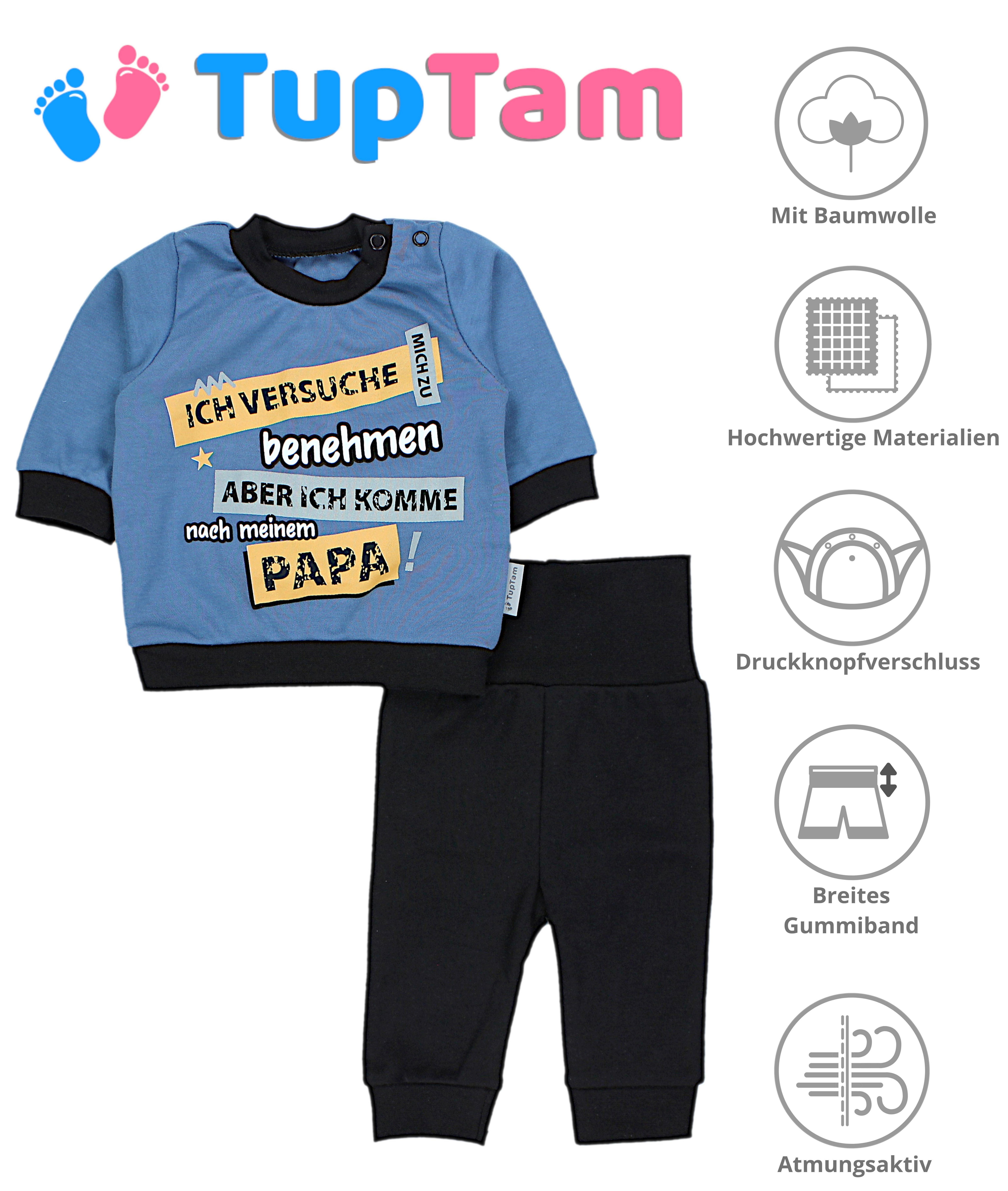 Print / Babyhose Outfit TupTam mit versuche Ich Babykleidung Erstausstattungspaket Schwarz Jeansblau Baby Spruch mich zu Jungen benehmen Langarmshirt