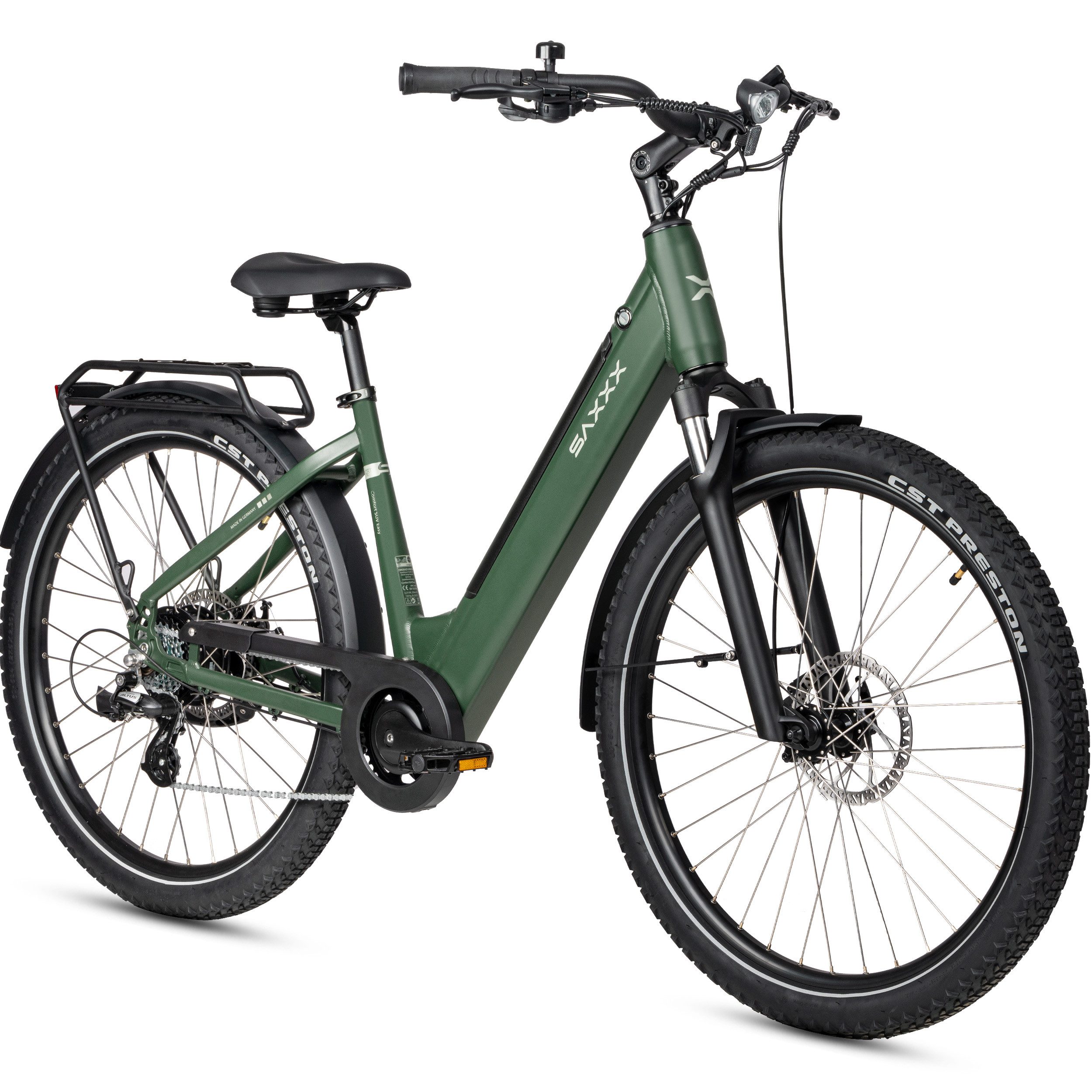 SAXXX E-Bike Cityrad Damen Herren 28x2,35", SAXXX SUV, 468 Wh, 120 km, 95 % vormontiert, 7 Gang SHIMANO Altus Schaltwerk, Kettenschaltung, Hinterradmotor, 468 Wh, (abnehmbarer Akku, mit Gepacktrager, mit Tiefeinstieg), 250W Heckmotor, Pedelec E-Citybike, Elektrofahrrad mit 45cm Rahmenhöhe