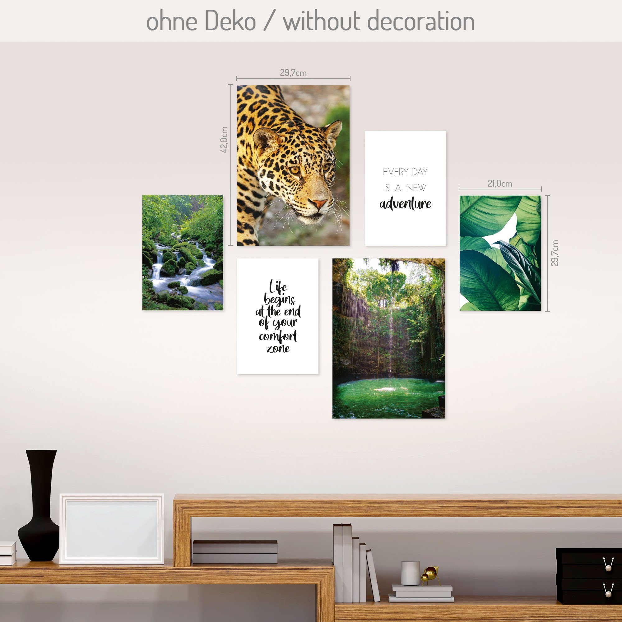 Kreative Feder Poster, Natur, Dschungel, Wald, Jaguar, Tier, Wasserfall (Set, 6 St), 6-teiliges Poster-Set, Wandbild, Posterwand, optional mit Rahmen