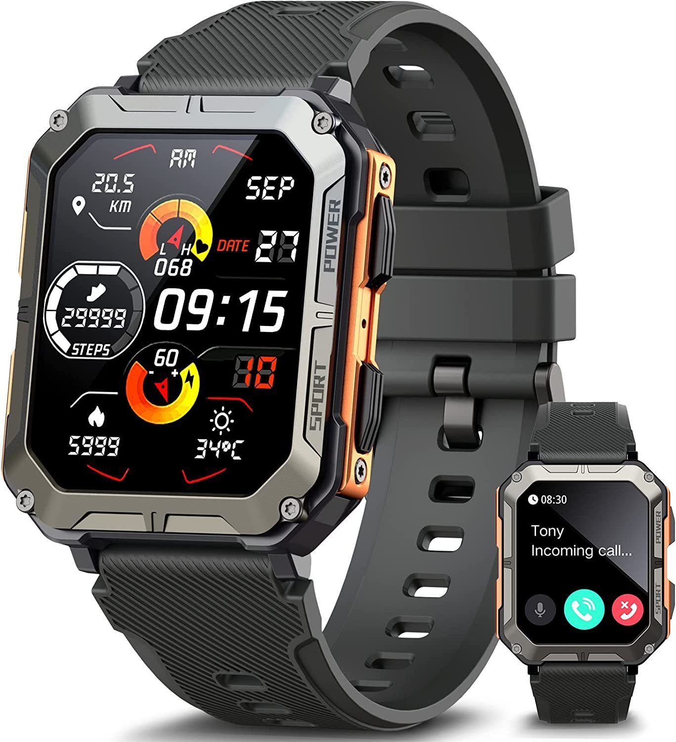 AOYATE Smartwatch, Damen Herren Uhren Watch für Android IOS, Smartwatch (Fitnessuhr mit Telefonfunktion 1,83" HD Voll Touchscreen Zoll, Smartwatch Fitness Tracker Uhr, IP68 Wasserdicht, Uhren Watch für Android IOS, Fitnessuhr Tracker mit Pulsmesser Schrittzähler Schlafmonitor Aktivitätstracker cm) 100+ Übungsmodis und 380 mAh Hohe Kapazität Akku