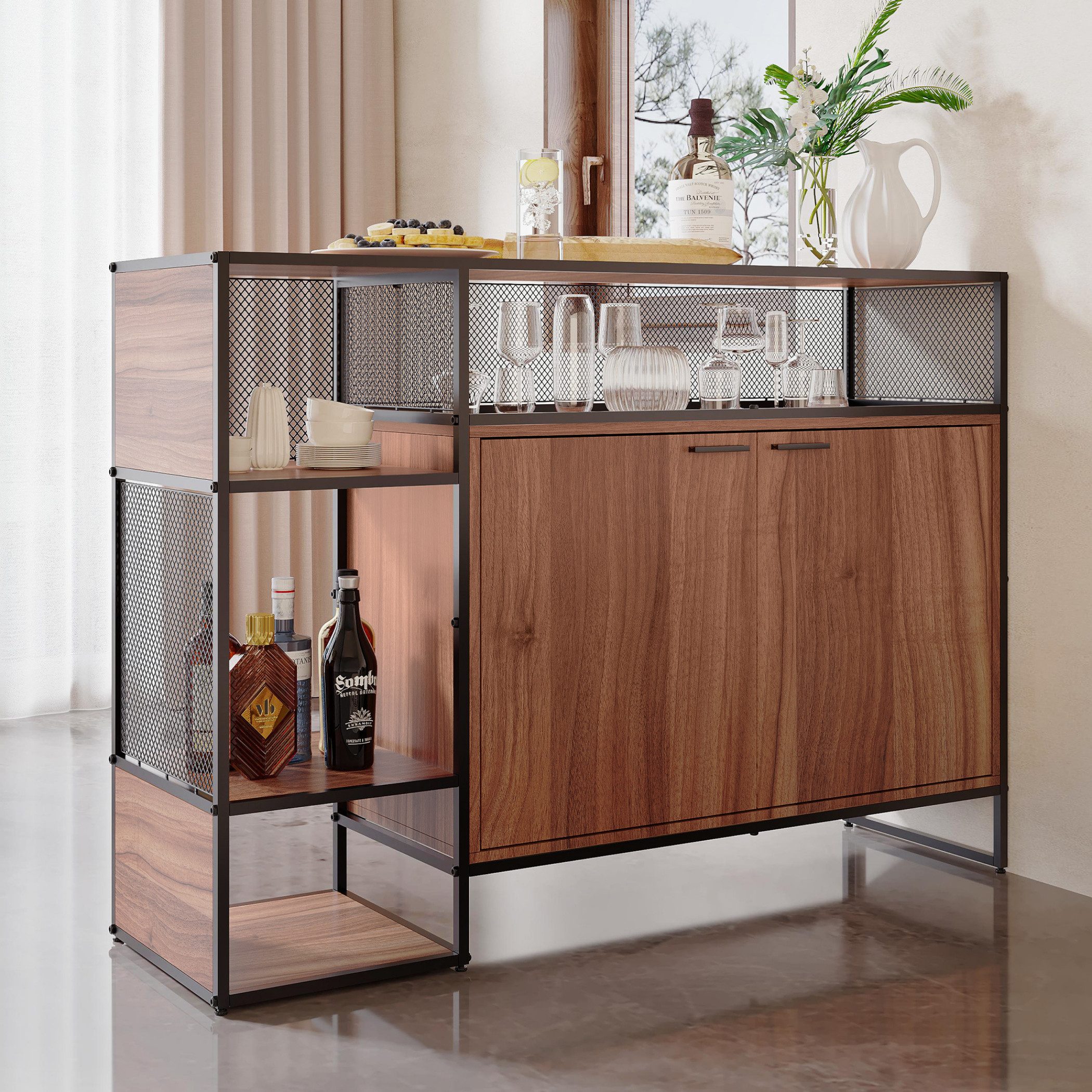 SeedWave Anrichte Küchenkommode aus Holz, Buffetschrank mit Regalen und Metallbeinen, Schrank für Wohnzimmer, Esszimmer (braun)