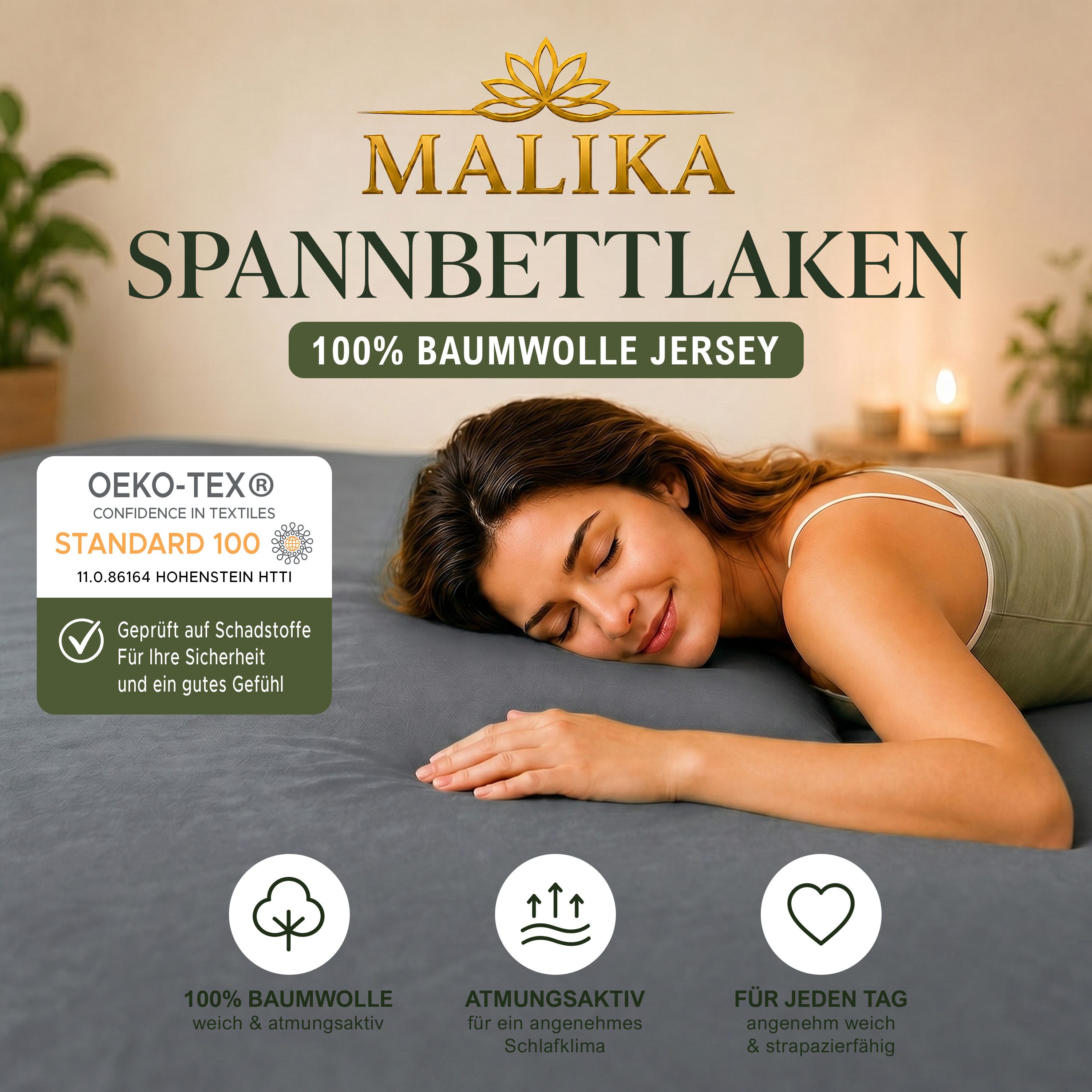Malika Spannbettlaken Baumwolle weiches Ganzjahres-Spannbetttuch, Jersey Baumwolle, Gummizug: Ja, (1 Stück), Allergikergeeignet, Pflegeleicht und Atmungsaktiv – Bild 2 von 5