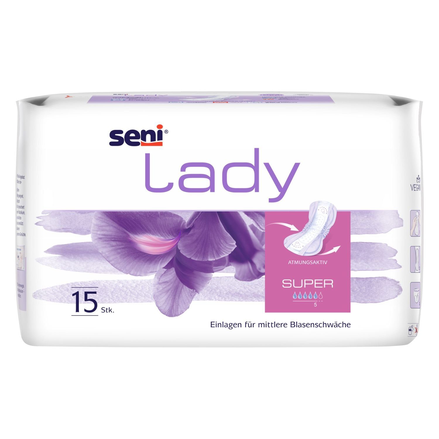 seni Inkontinenzboxer SENI Lady Super Inkontinenzeinlagen 2 x 15 Stück (Multipack, 30-St., Gesamtmenge: 30 Stück, 2 Packungen à 15 Stück) Atmungsaktiv, latexfrei, anatomisch geformt, mit Klebestreifen