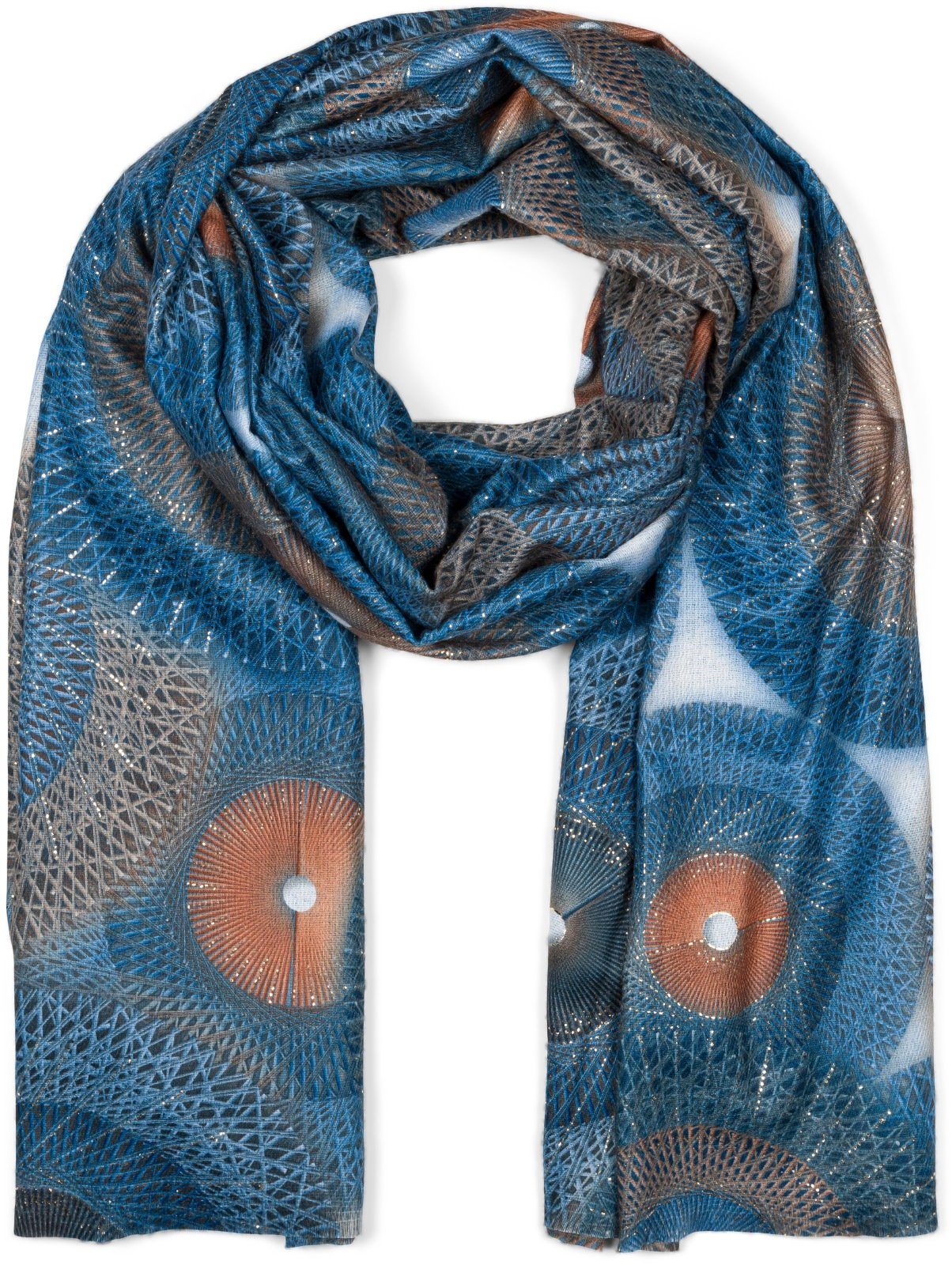(1-St), Blau-Braun Metallic Modeschal, styleBREAKER Muster Schal Details Spiralen
