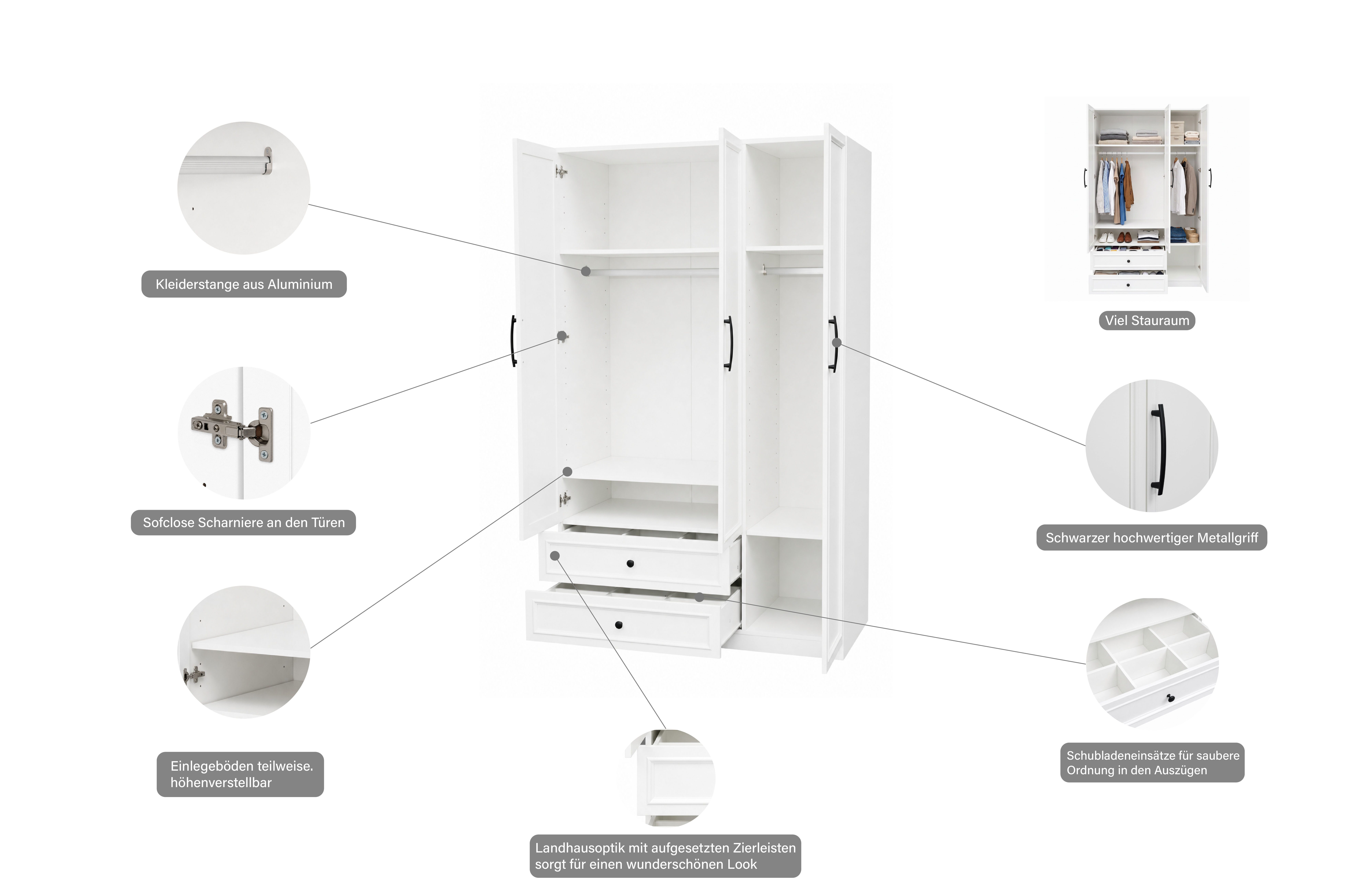 OTTO home Kleiderschrank Arrian 120 cm Weiß, 3-türiger Drehtürenschrank im Landhausstil (mit 2 Schubladen & Organizern, FSC Zertifiziert) Zeitloses Landhausdesi – Bild 3 von 5